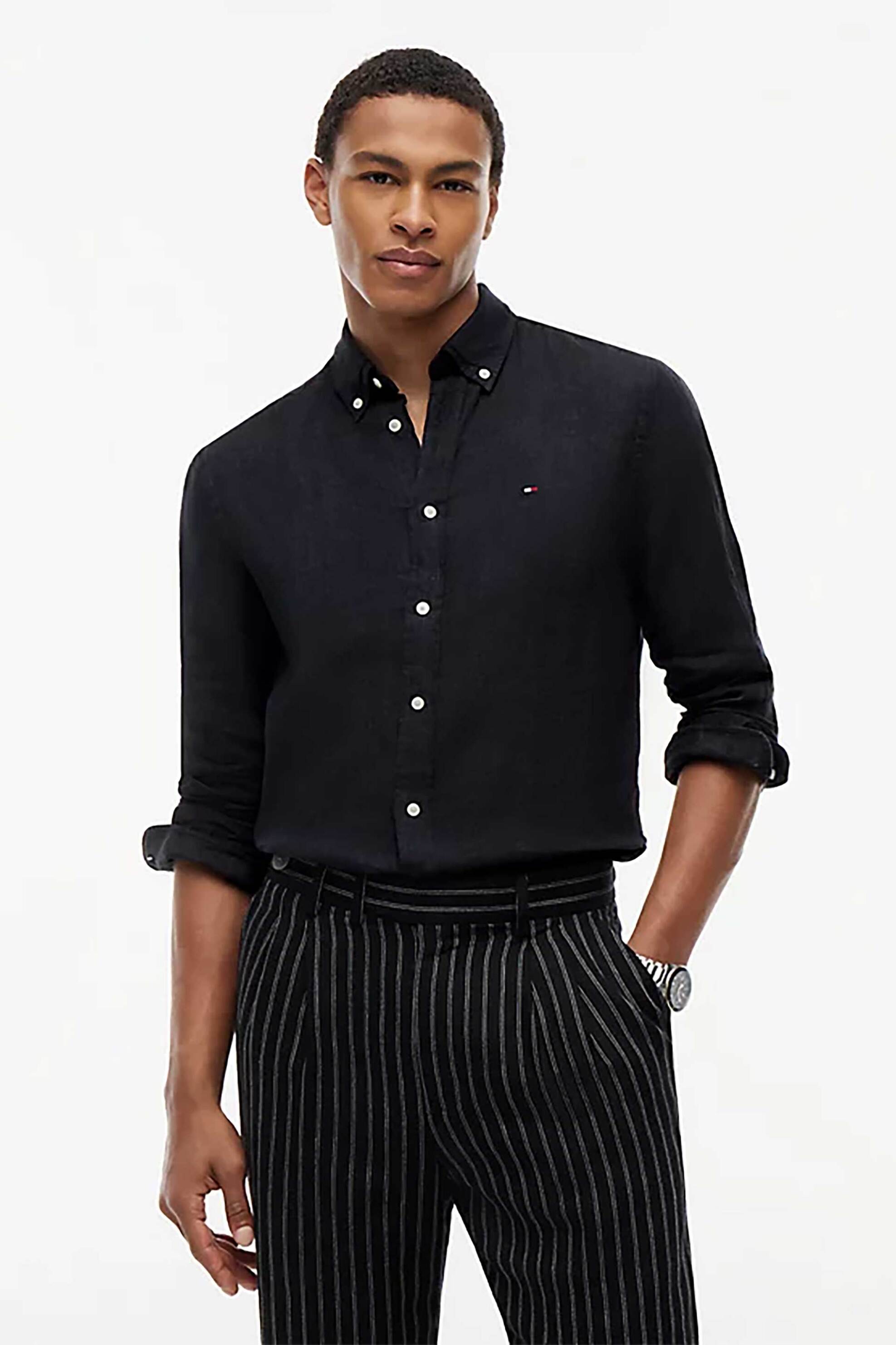 Tommy Hilfiger ανδρικό λινό πουκάμισο button down με κεντημένο logo flag Regular Fit - MW0MW41530 Μαύρο