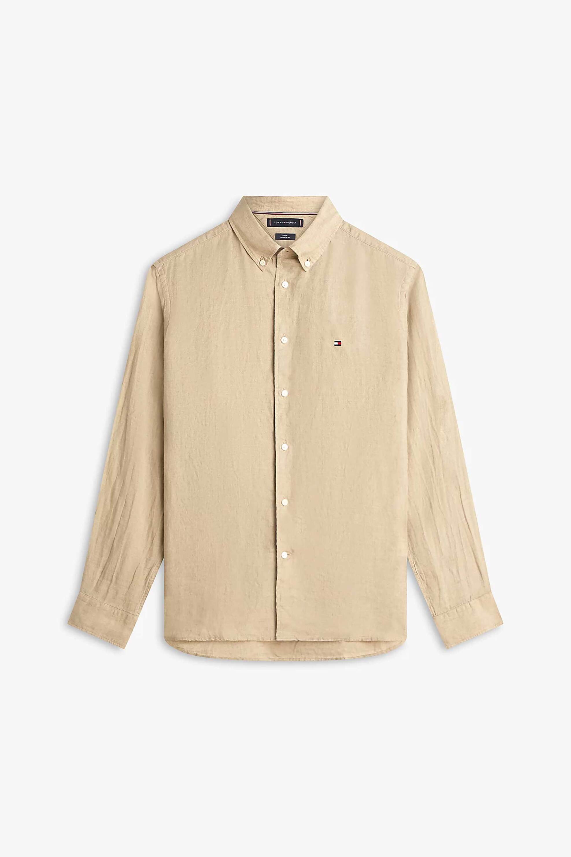 Tommy Hilfiger Ανδρικό Λινό Πουκάμισο Button Down με Κεντημένο Logo Flag Regular Fit - Mw0Mw41530 Μπεζ