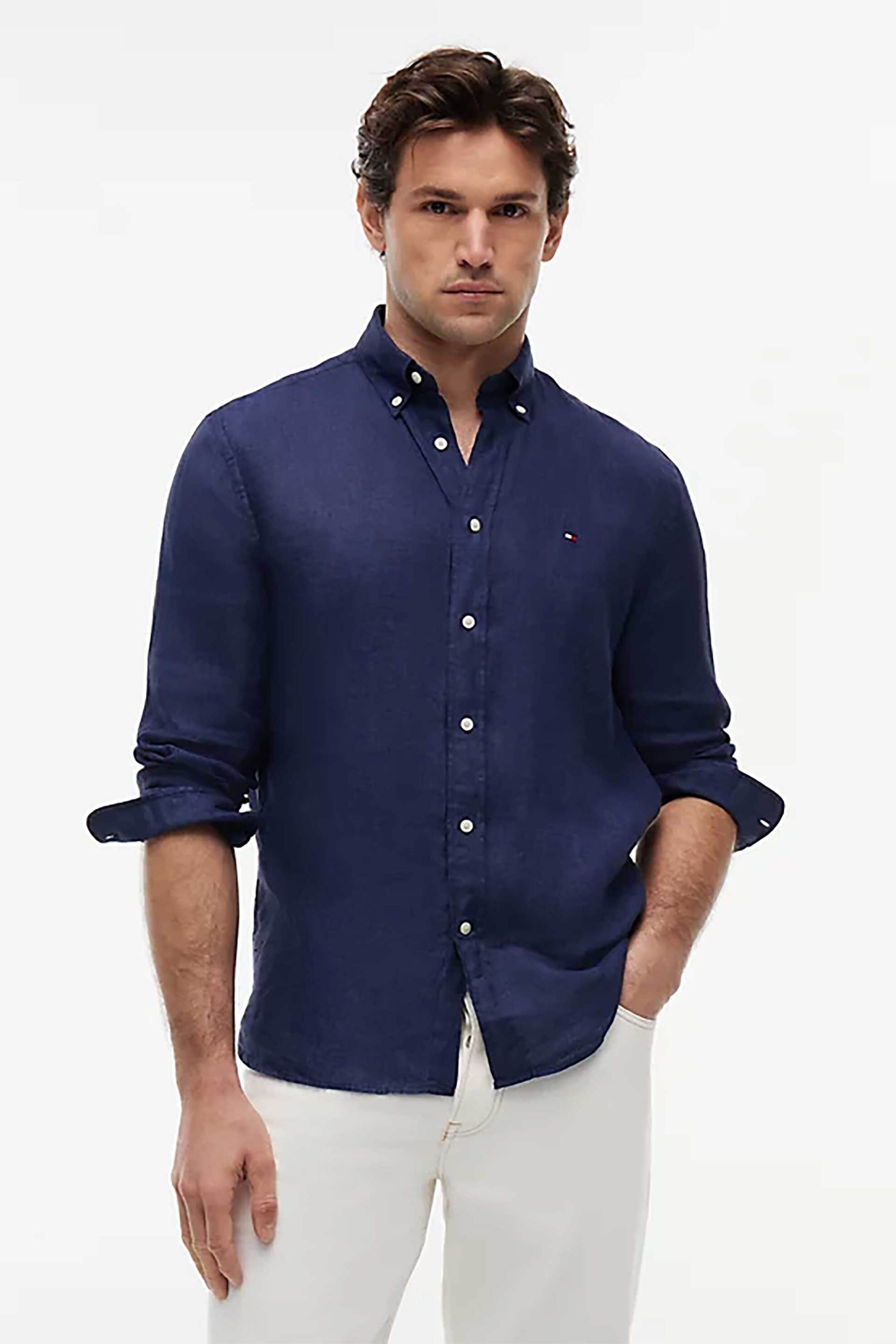 Tommy Hilfiger ανδρικό λινό πουκάμισο button down με κεντημένο logo flag Regular Fit - MW0MW41530 Μπλε Navy