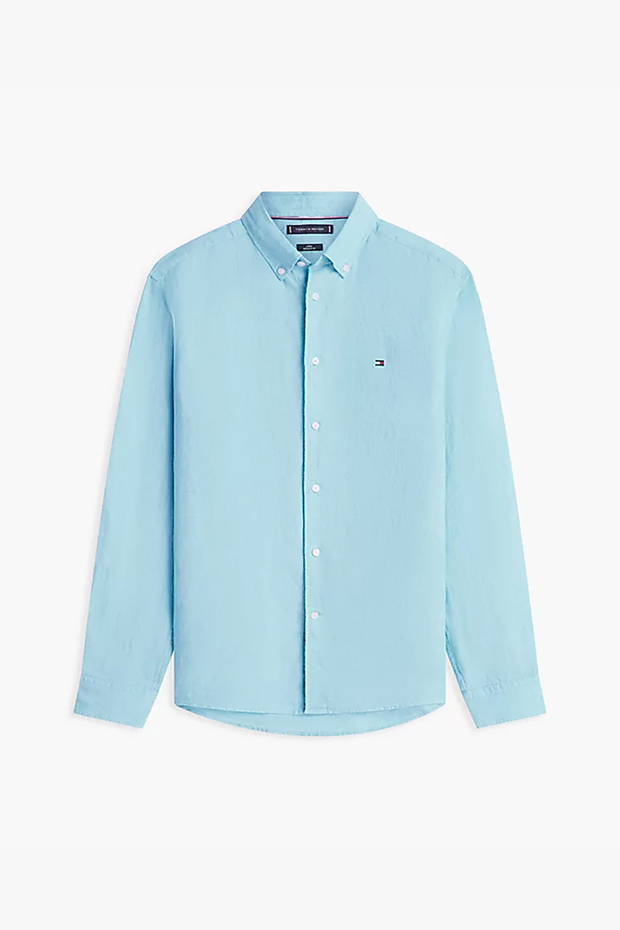 Tommy Hilfiger Ανδρικό Λινό Πουκάμισο Button Down με Κεντημένο Logo Flag Regular Fit - Mw0Mw41530 Γαλάζιο