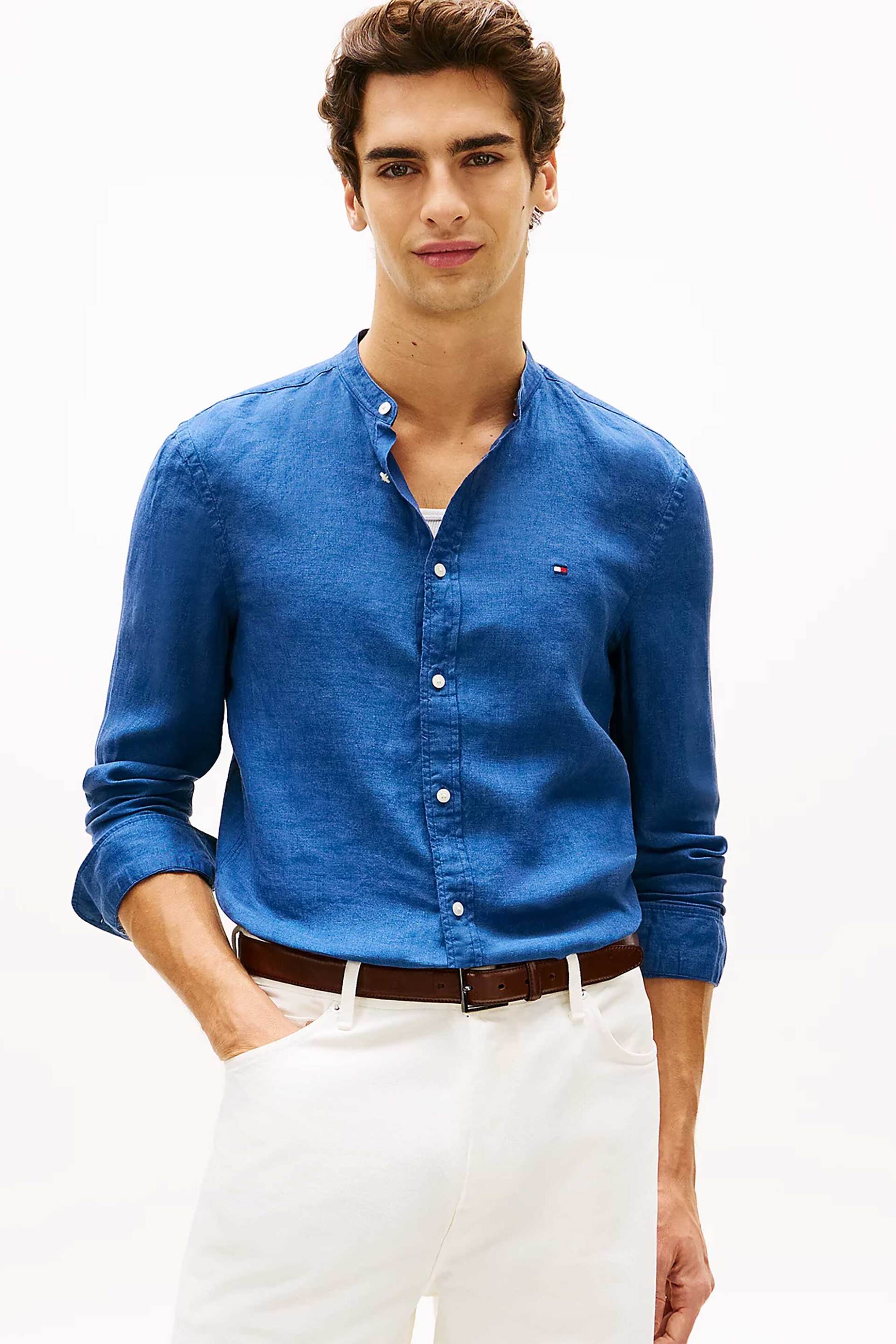 Tommy Hilfiger ανδρικό λινό πουκάμισο με κεντημένο logo flag Slim Fit - MW0MW39271 Μπλε
