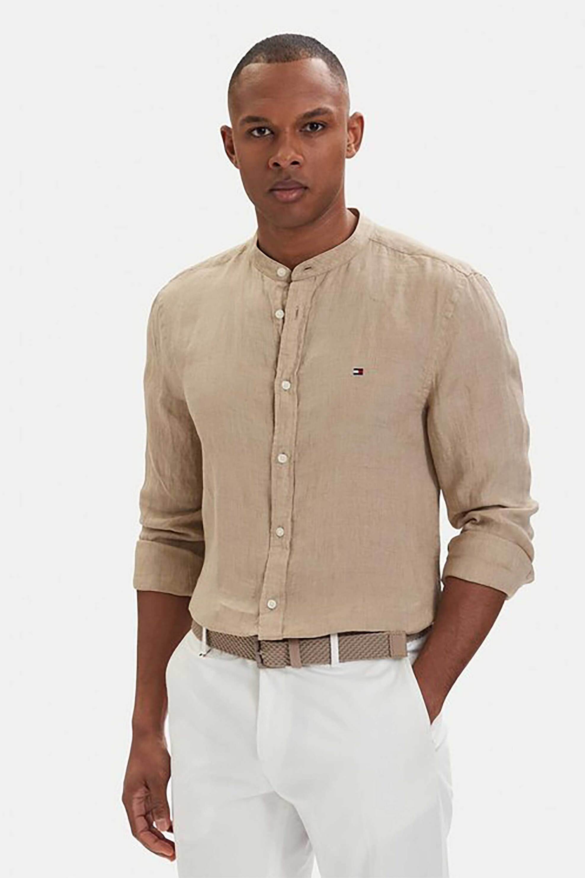 Tommy Hilfiger ανδρικό λινό πουκάμισο με κεντημένο logo flag Slim Fit - MW0MW39271 Μπεζ