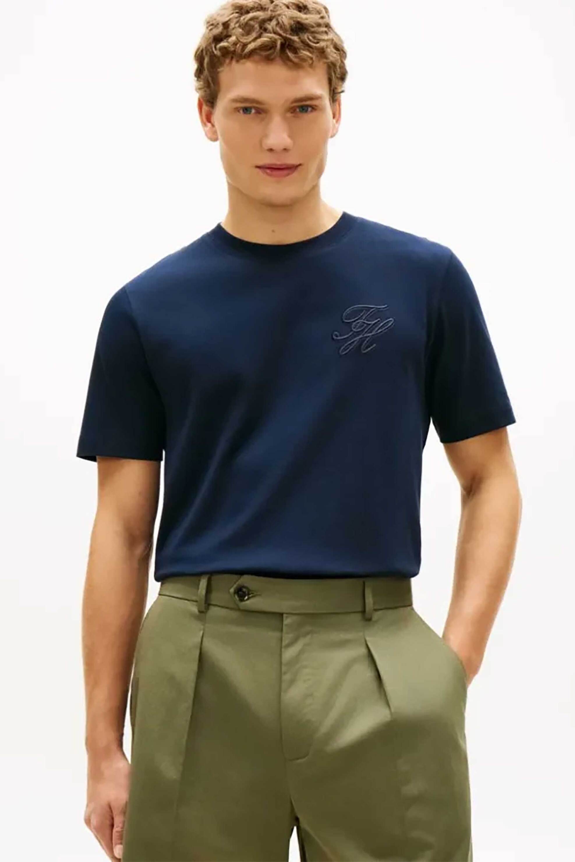 Tommy Hilfiger ανδρικό T-shirt με κεντημένο monogram Regular Fit - MW0MW42391 Μπλε Σκούρο