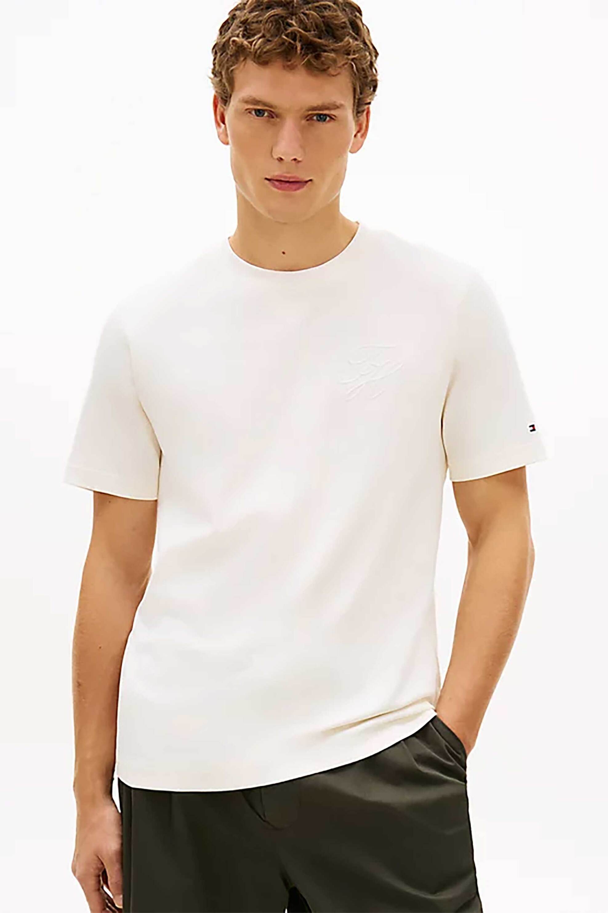 Tommy Hilfiger ανδρικό T-shirt με κεντημένο monogram Regular Fit - MW0MW42391 Εκρού