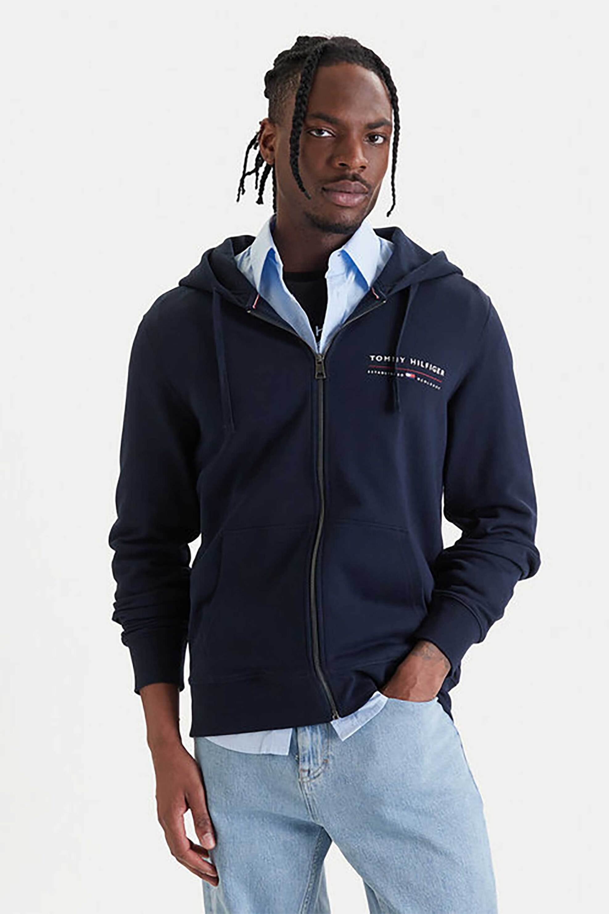 Tommy Hilfiger ανδρική ζακέτα φούτερ με λογότυπο Regular Fit - MW0MW42462 Μπλε Σκούρο
