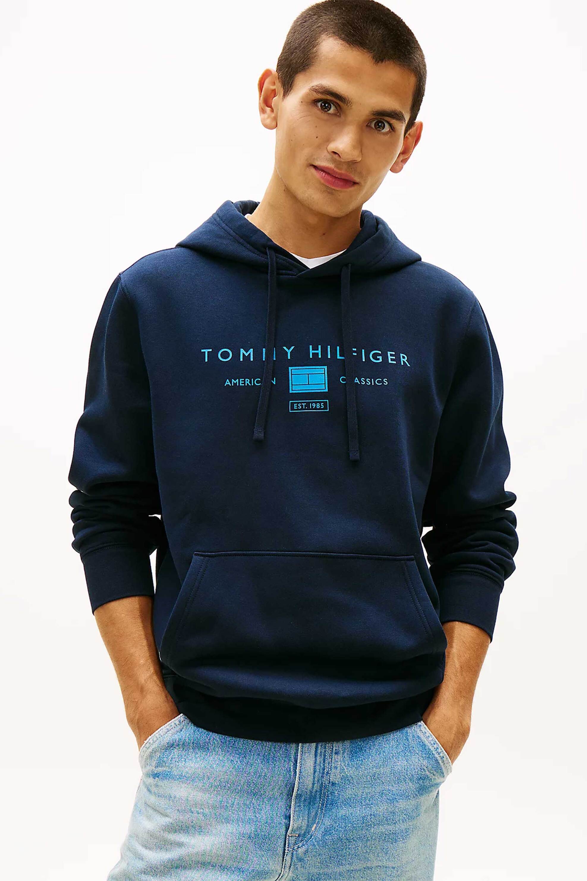 Tommy Hilfiger ανδρική μπλούζα φούτερ με κουκούλα και λογότυπο Regular Fit - MW0MW42464 Μπλε Σκούρο