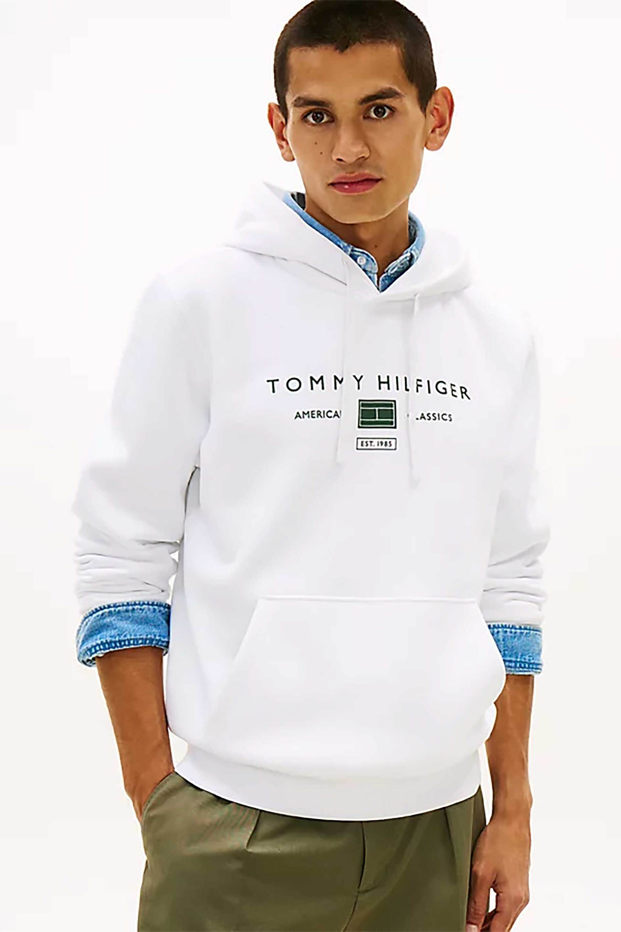 Tommy Hilfiger ανδρική μπλούζα φούτερ με κουκούλα και λογότυπο Regular Fit - MW0MW42464 Λευκό