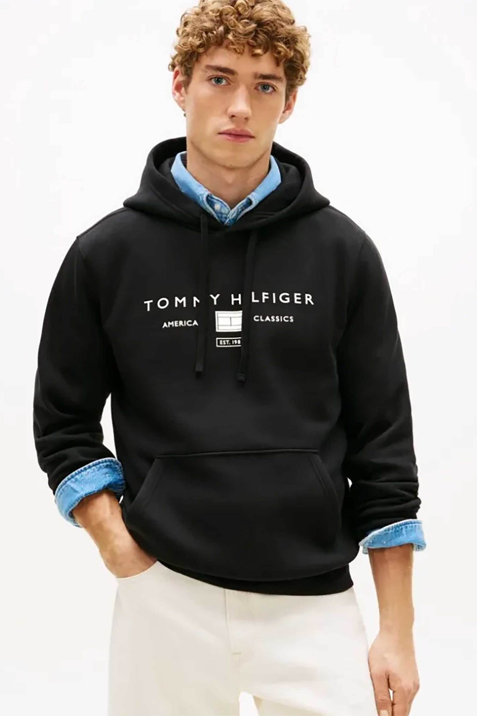 Tommy Hilfiger ανδρική μπλούζα φούτερ με κουκούλα και λογότυπο Regular Fit - MW0MW42464 Μαύρο