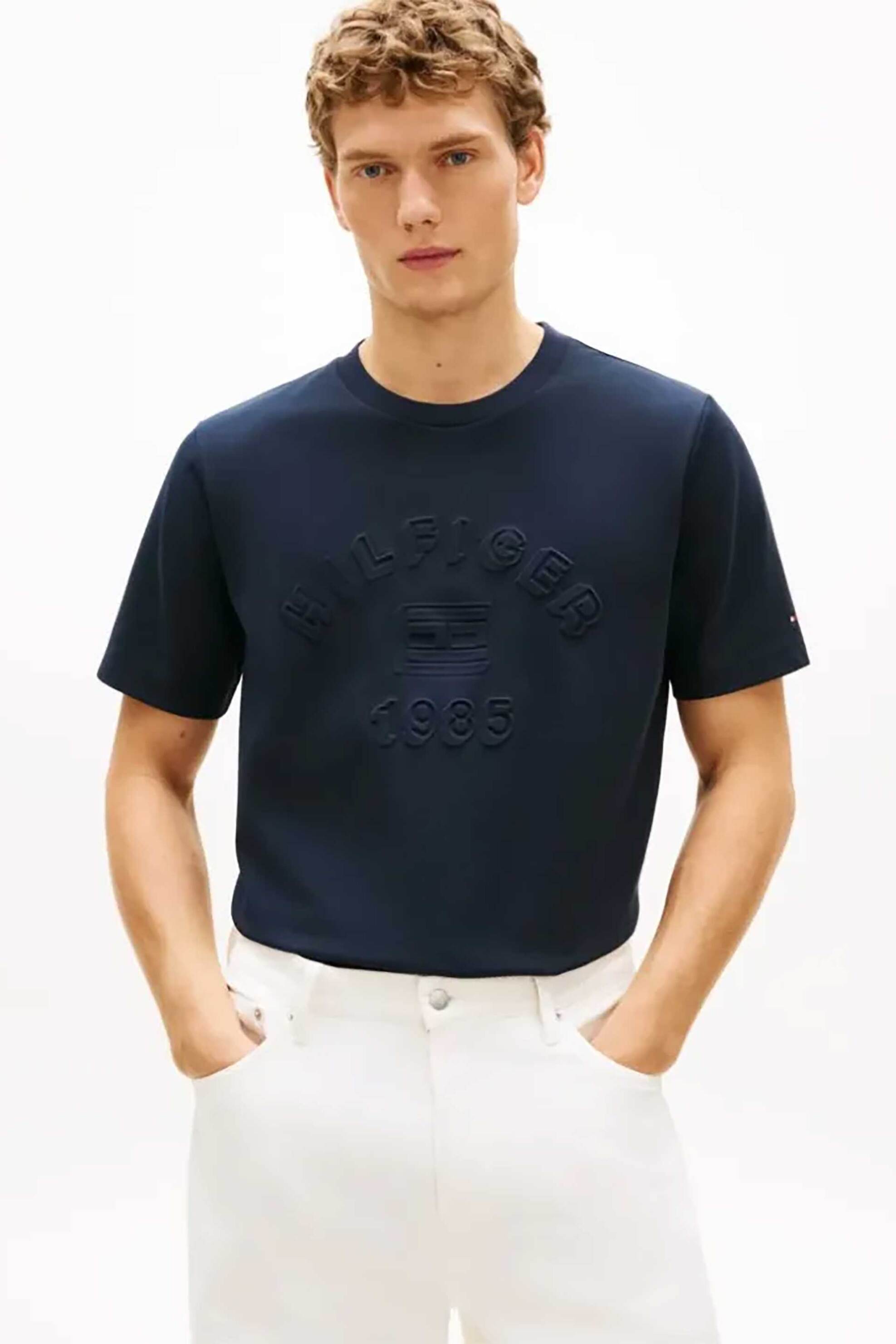 Tommy Hilfiger ανδρικό T-shirt με ανάγλυφο λογότυπο Regular Fit - MW0MW42835 Μπλε Σκούρο