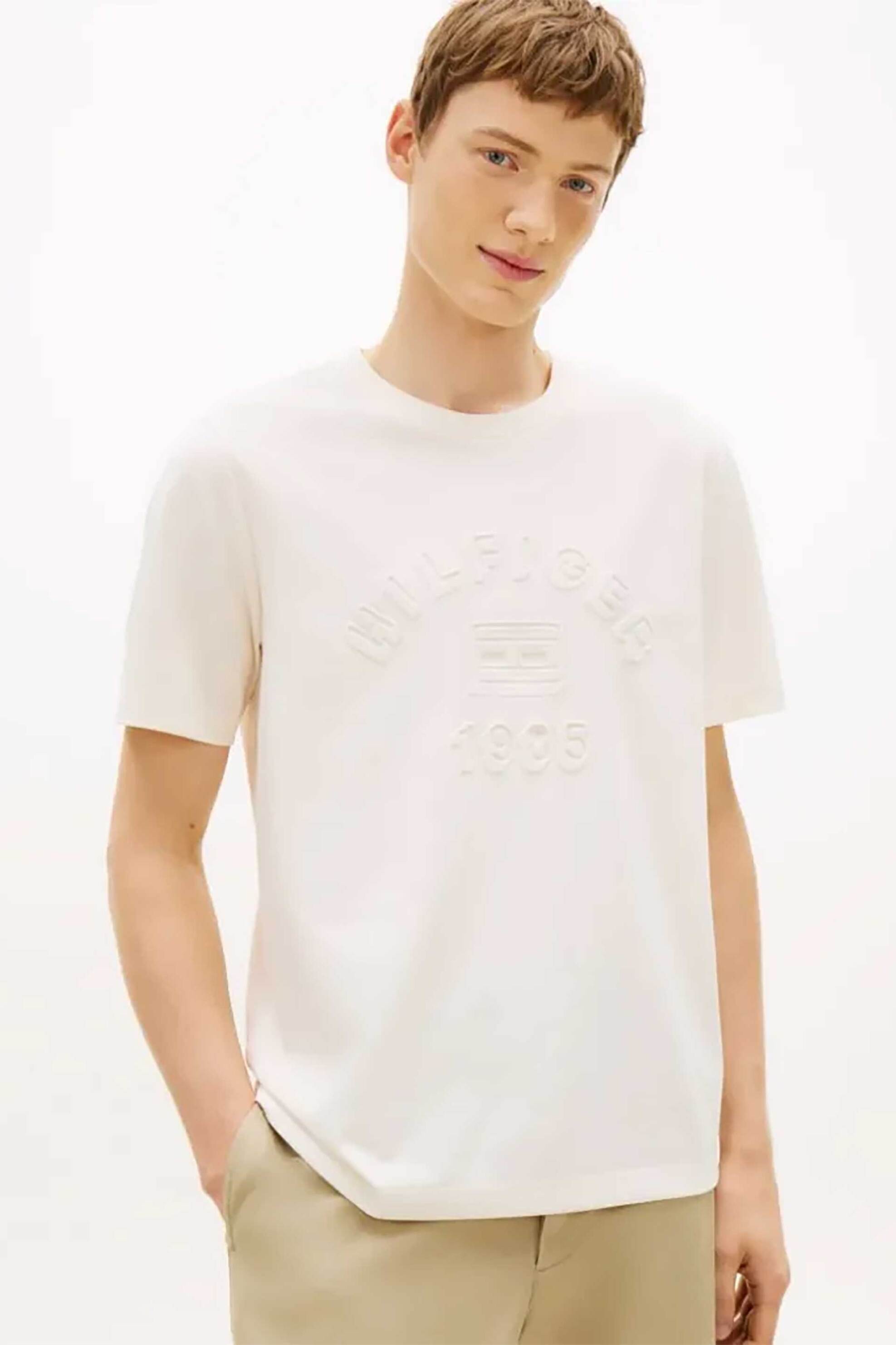 Tommy Hilfiger ανδρικό T-shirt με ανάγλυφο λογότυπο Regular Fit - MW0MW42835 Εκρού