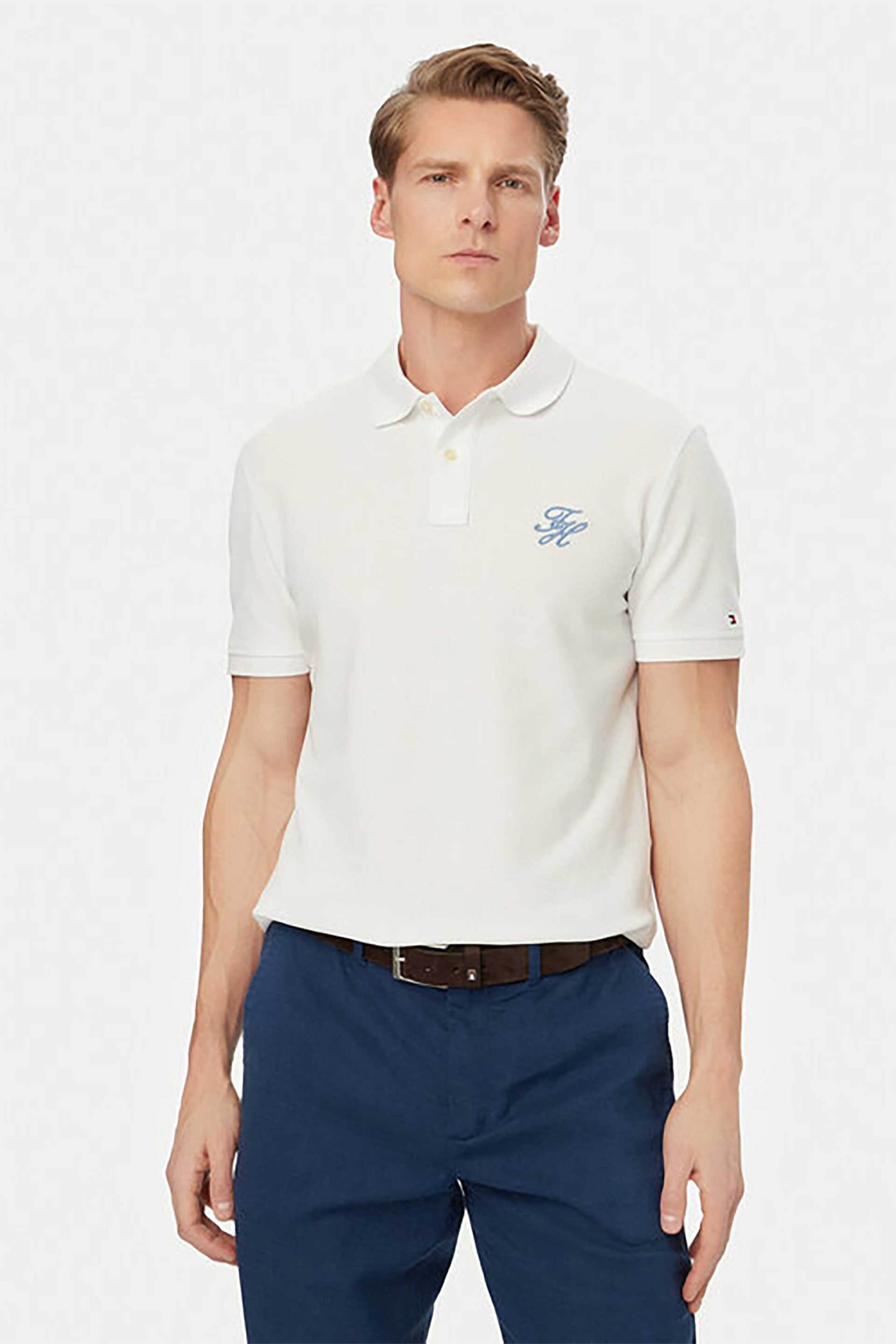 Tommy Hilfiger ανδρική μπλούζα πόλο με κεντημένο monogram και logo flag Regular Fit - MW0MW43046 Λευκό