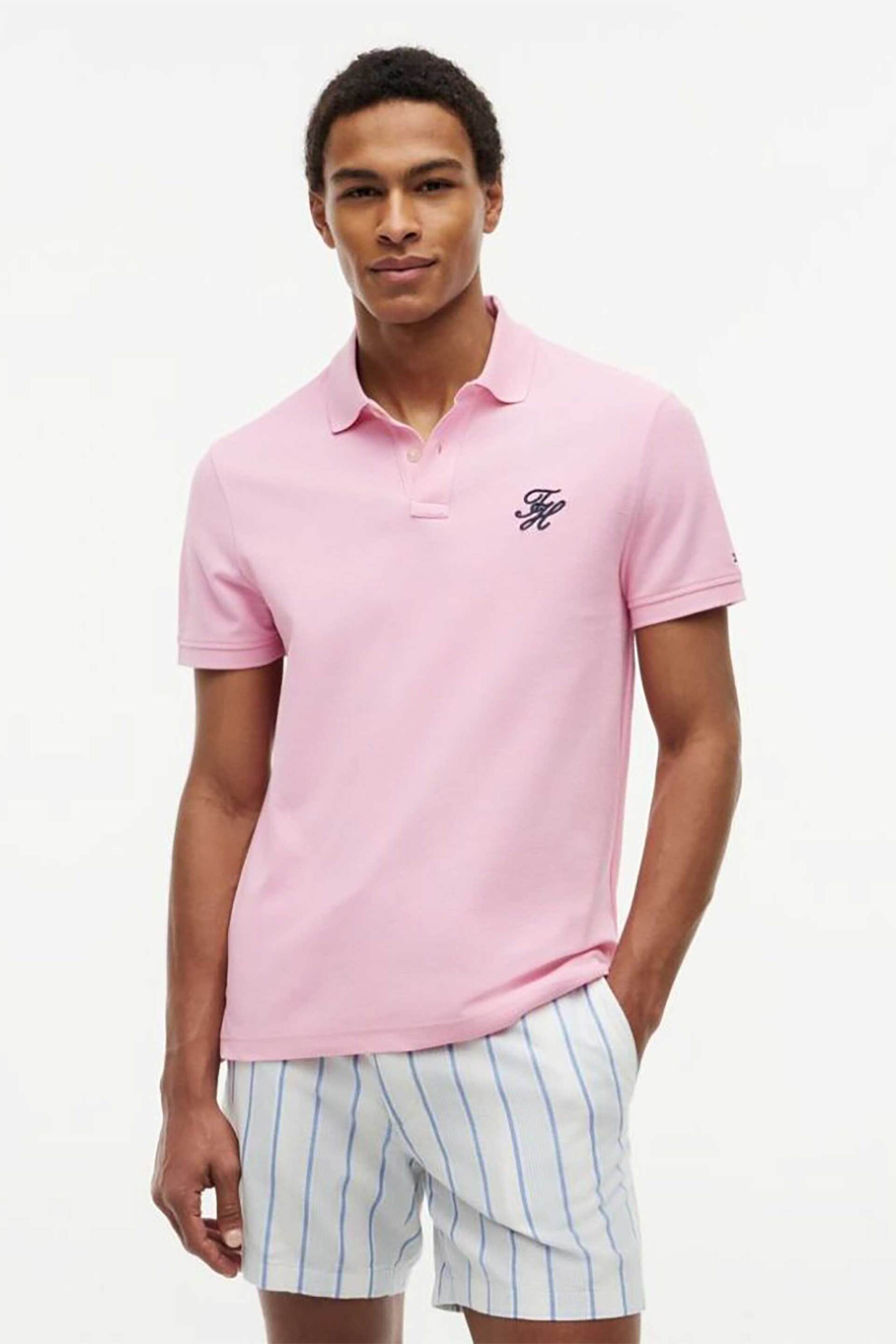 Tommy Hilfiger ανδρική μπλούζα πόλο με κεντημένο monogram και logo flag Regular Fit - MW0MW43046 Ροζ