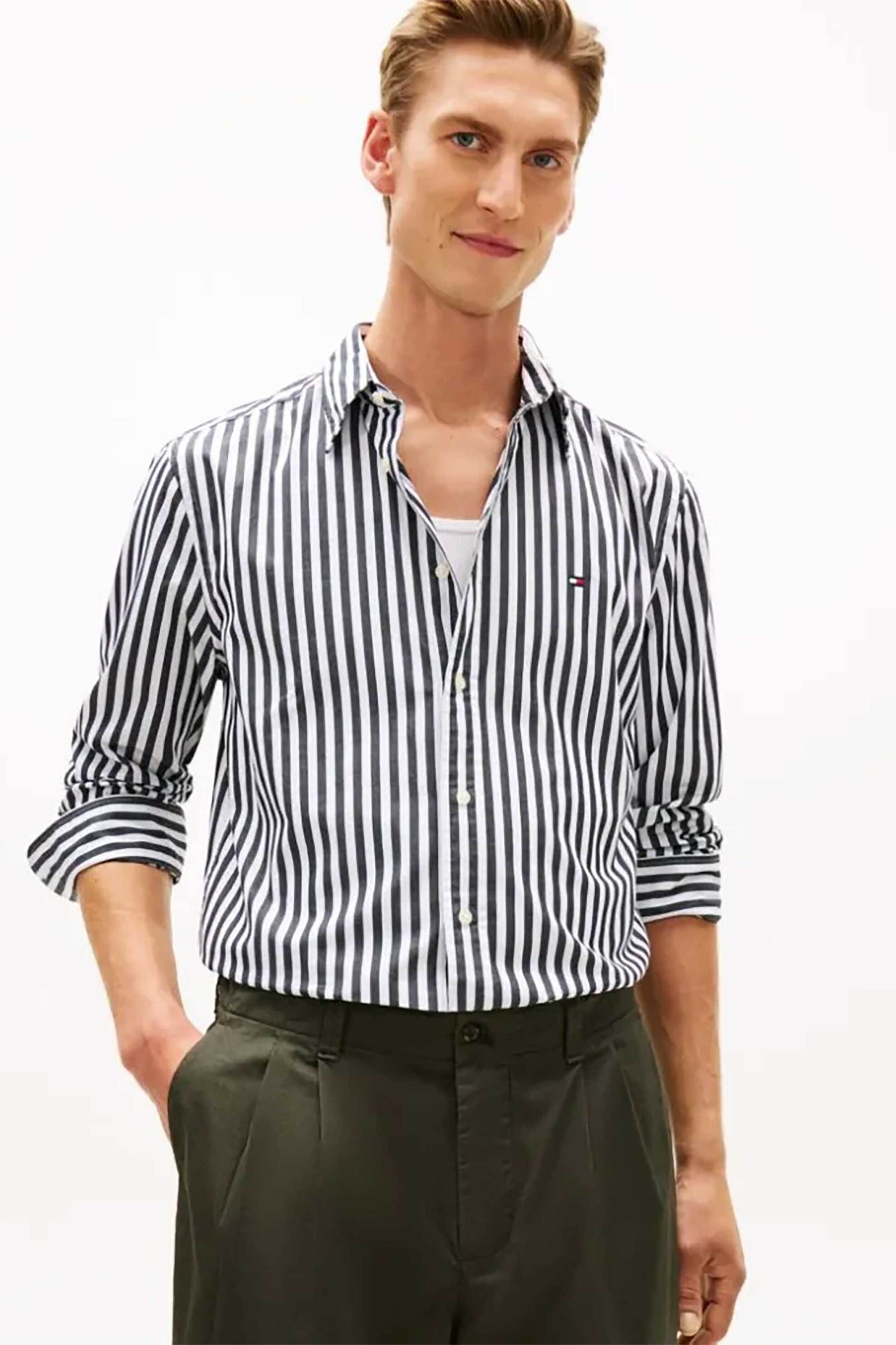 Tommy Hilfiger ανδρικό πουκάμισο ριγέ με κεντημένο logo flag Regular Fit - MW0MW42440 Μαύρο