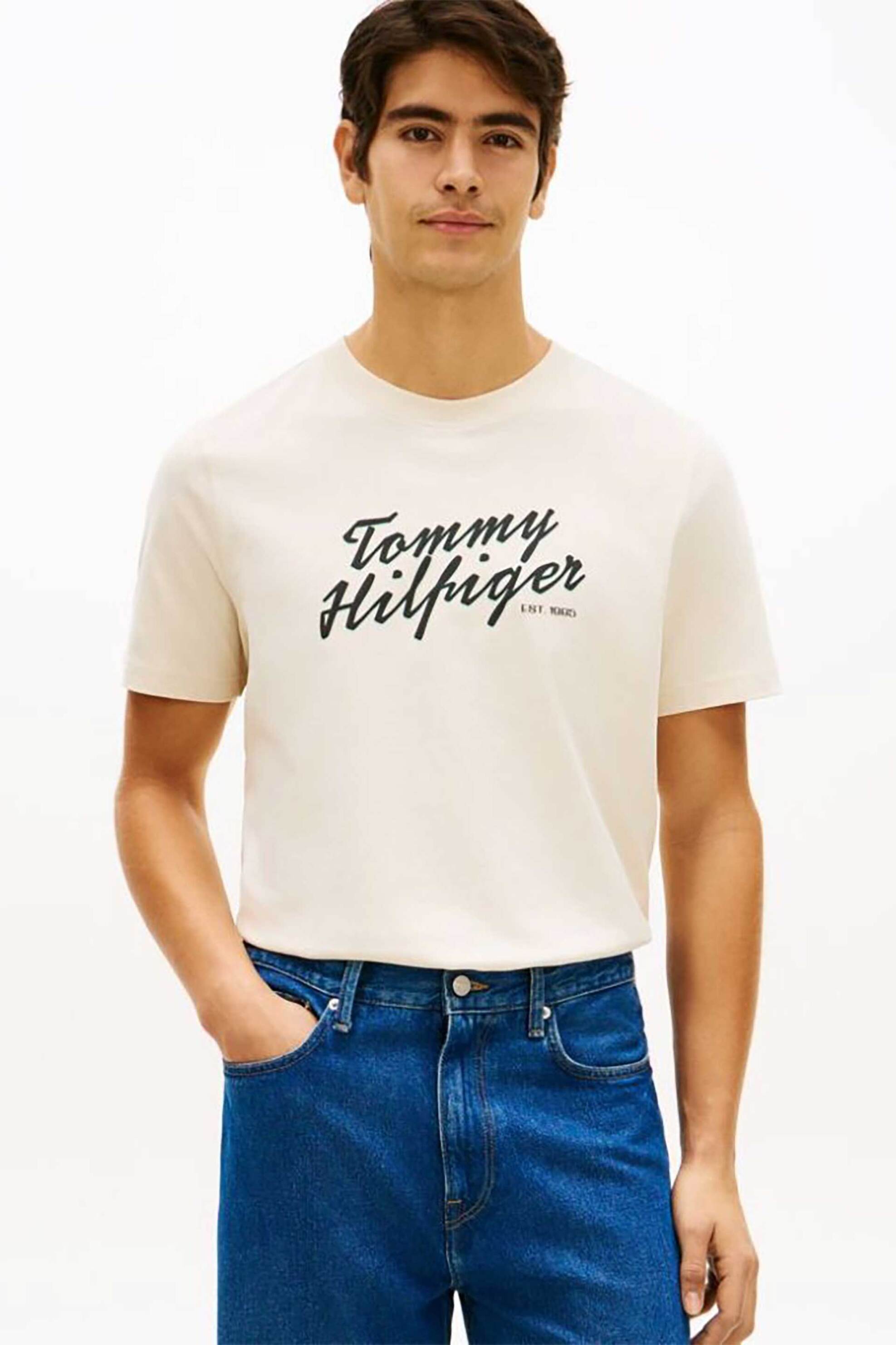 Tommy Hilfiger ανδρικό T-shirt με λογότυπο Regular Fit - MW0MW42385 Εκρού