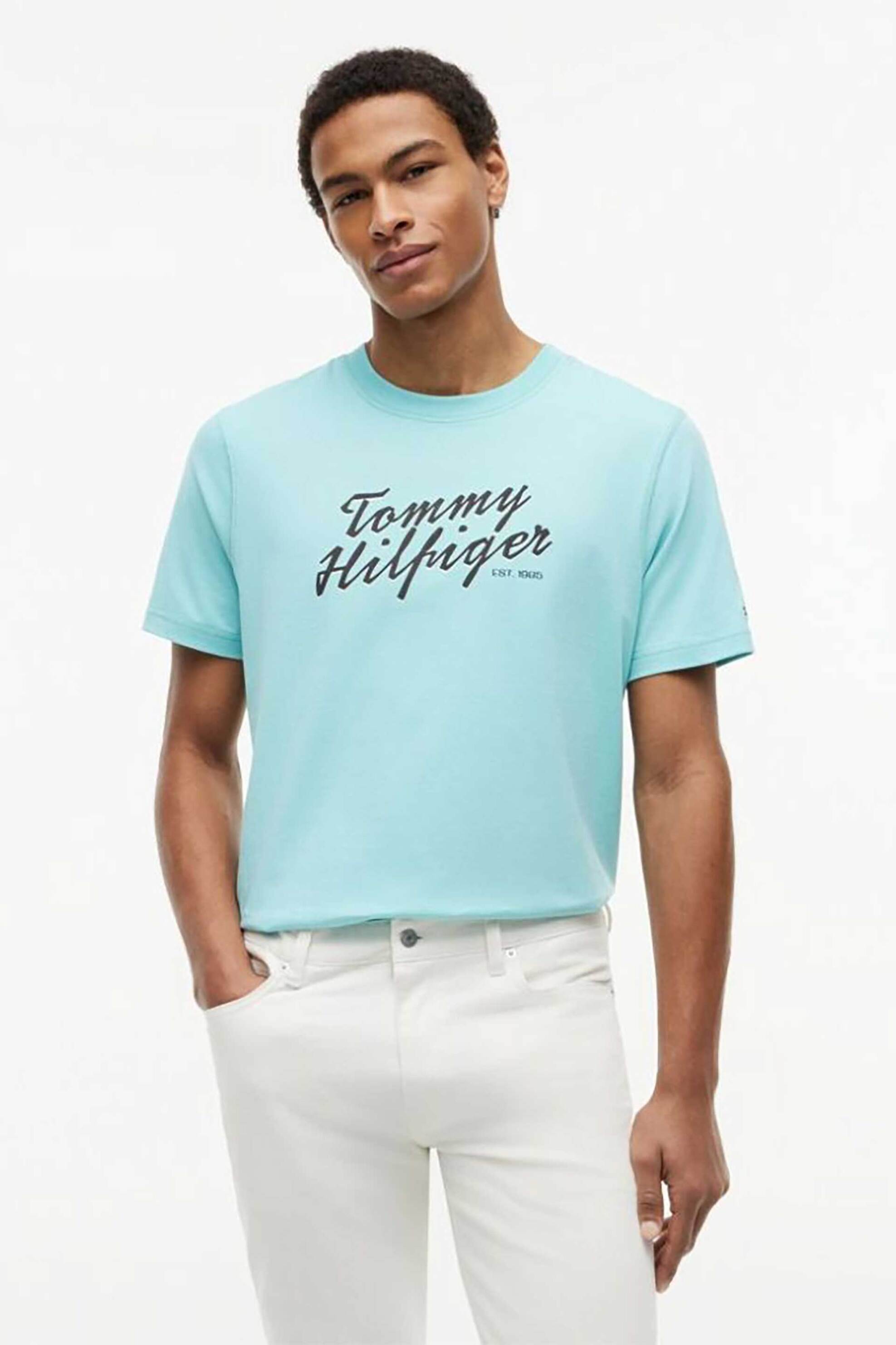 Tommy Hilfiger ανδρικό T-shirt με λογότυπο Regular Fit - MW0MW42385 Γαλάζιο