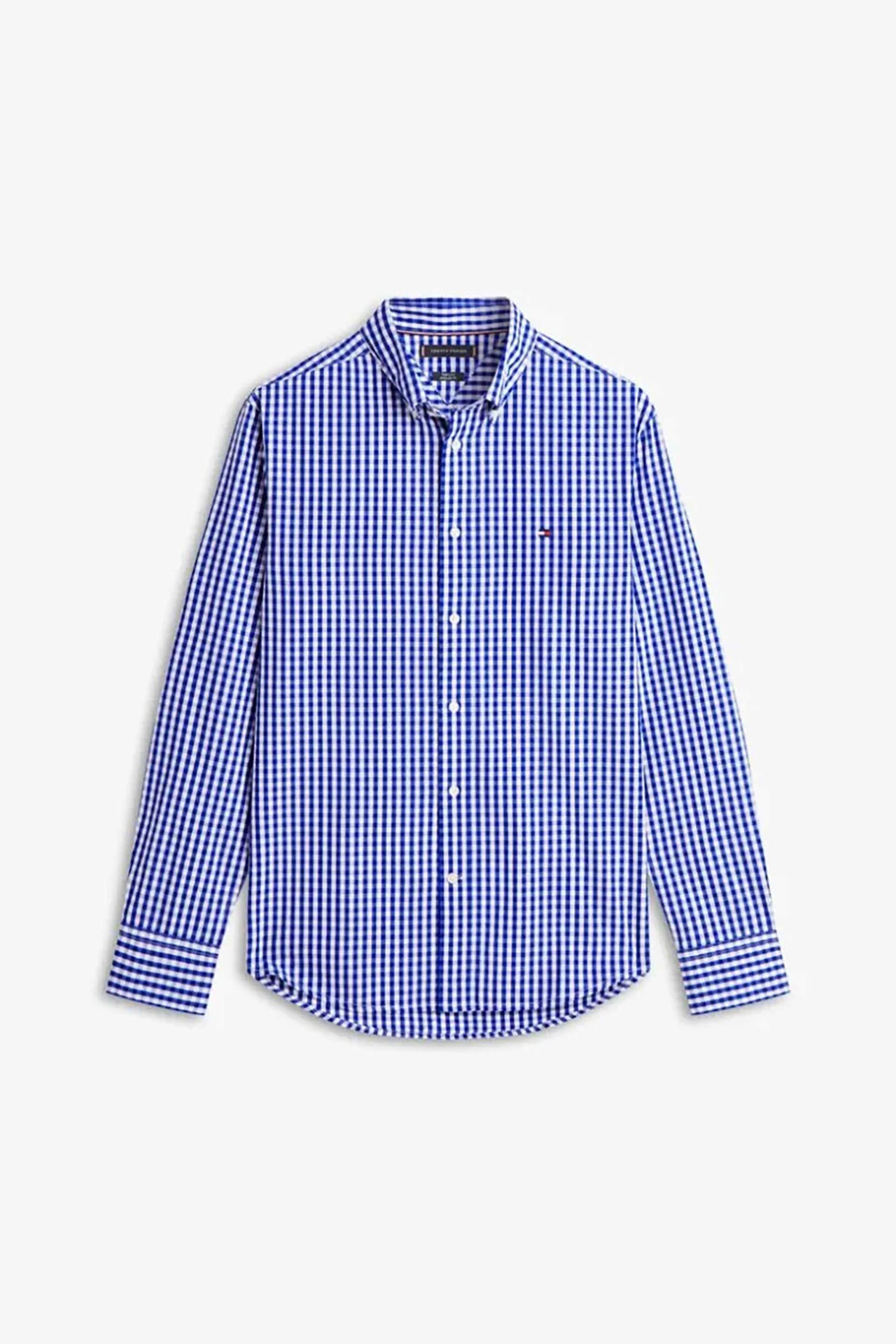 Tommy Hilfiger Ανδρικό Πουκάμισο Καρό με Κεντημένο Logo Flag Regular Fit - Mw0Mw42445 Λευκό Μπλε