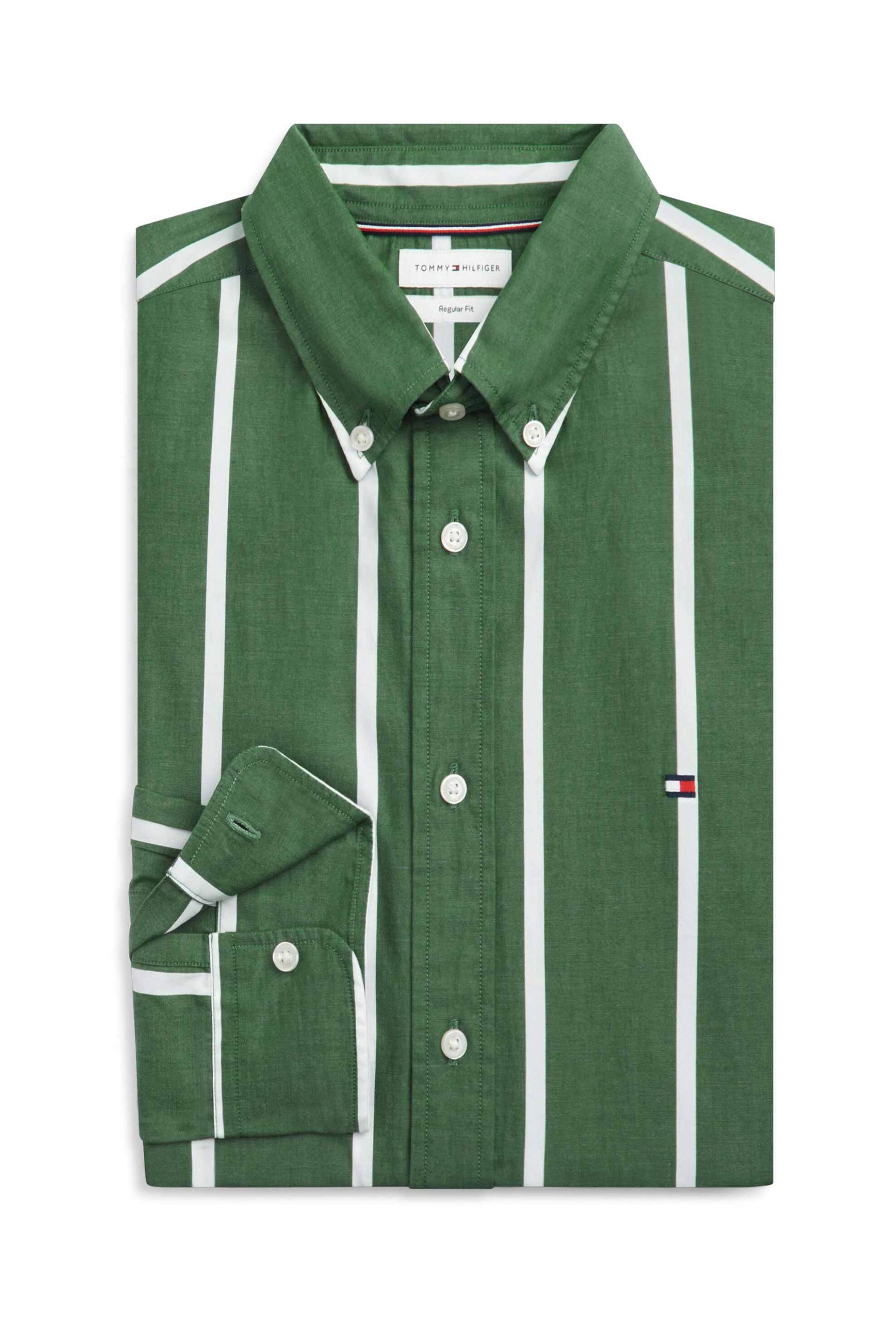 Tommy Hilfiger Ανδρικό Πουκάμισο Poplin Button Down με Ριγέ Σχέδιο Και Κεντημένο Λογότυπο Regular Fit - Mw0Mw43304 Πράσινο