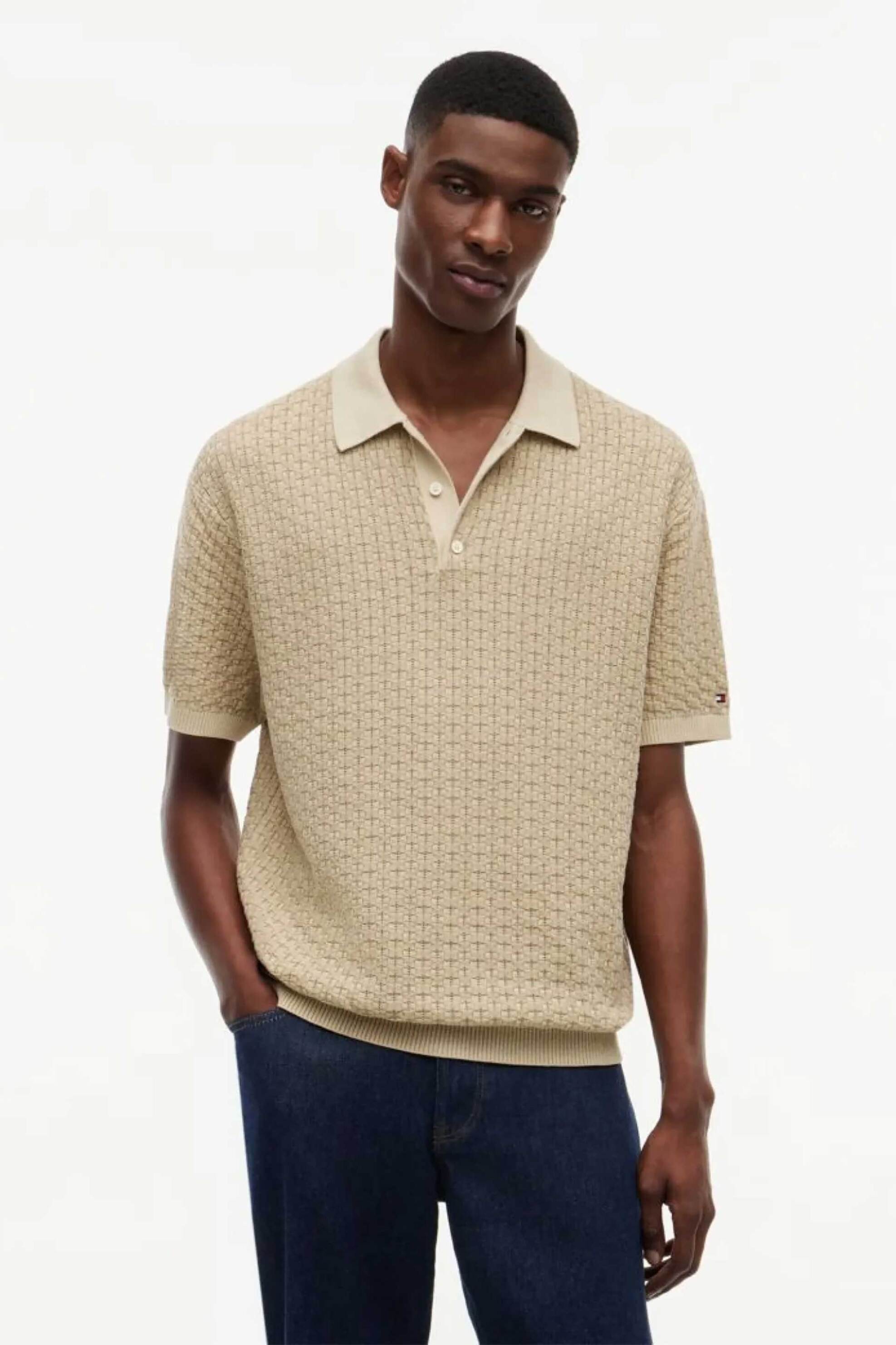 Tommy Hilfiger ανδρική πλεκτή μπλούζα πόλο structured Relaxed Fit - MW0MW43246 Μπεζ