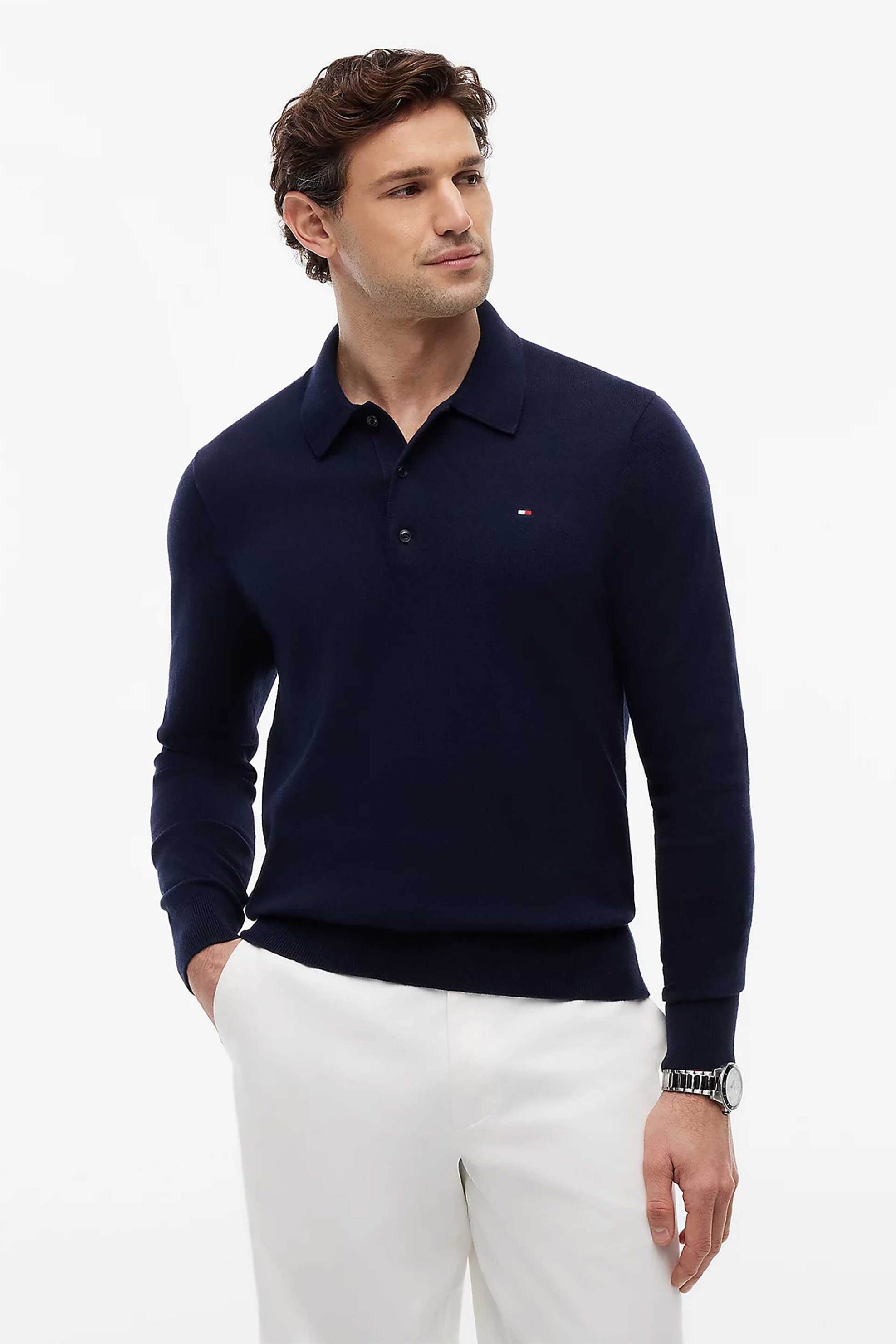 Tommy Hilfiger ανδρική πλεκτή μπλούζα πόλο με κασμίρι και κεντημένο λογότυπο Regular Fit - MW0MW36519 Σκούρο Μπλε