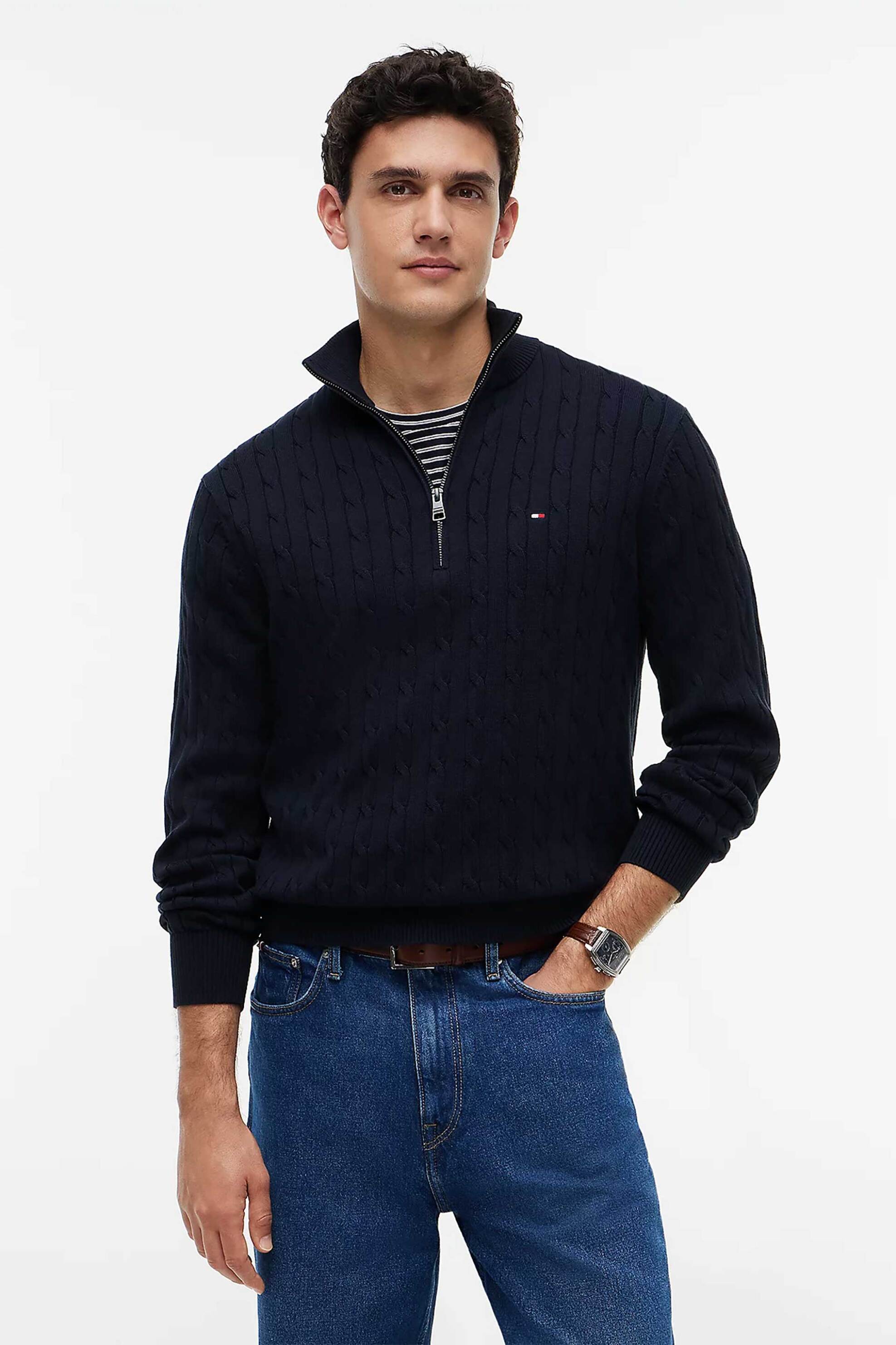 Tommy Hilfiger ανδρικό πουλόβερ με cable knit pattern, 1/2 φερμουάρ και κεντημένο λογότυπο Regular Fit - MW0MW36532 Σκούρο Μπλε