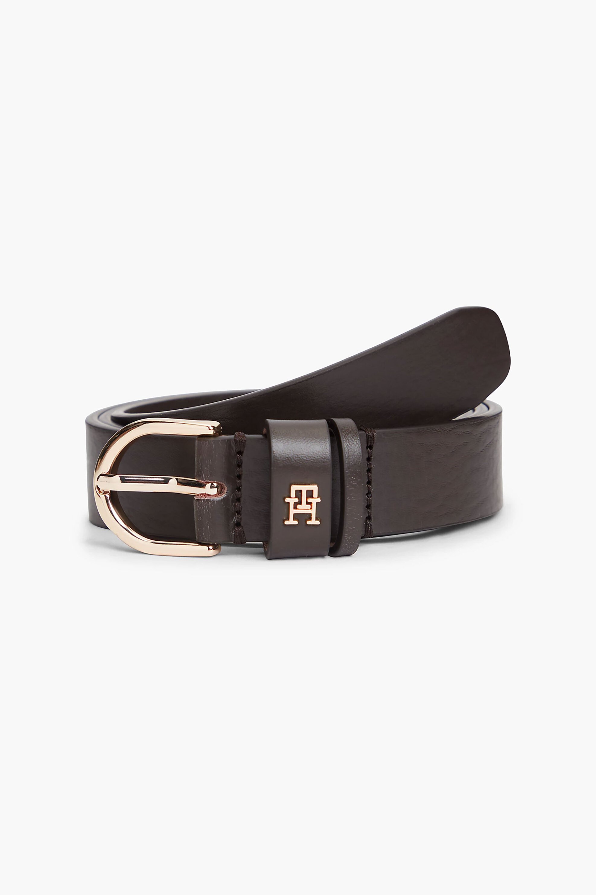 Tommy Hilfiger γυναικεία δερμάτινη ζώνη με μεταλλικό monogram - AW0AW16836 Καφέ Σκούρο