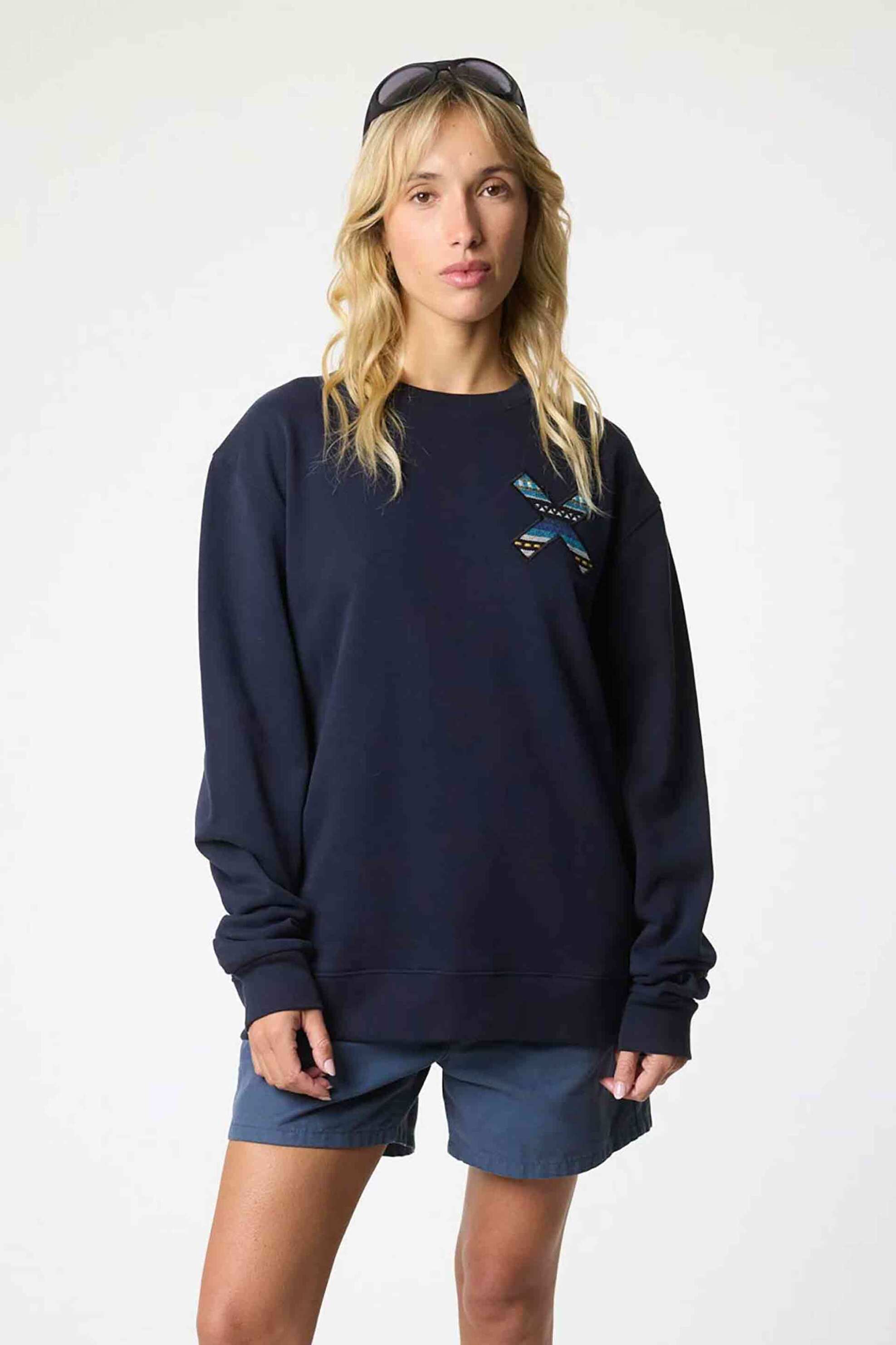 Blue Banana unisex μπλούζα φούτερ με κεντημένο print "X" - 11A00/FW25 Σκούρο Μπλε φωτογραφία