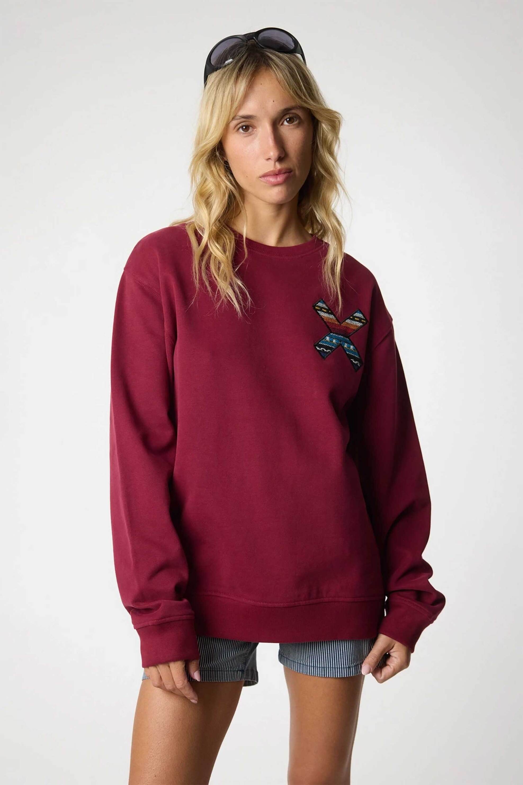 Blue Banana unisex μπλούζα φούτερ με κεντημένο print "X" - 11B00/FW25 Μπορντό φωτογραφία