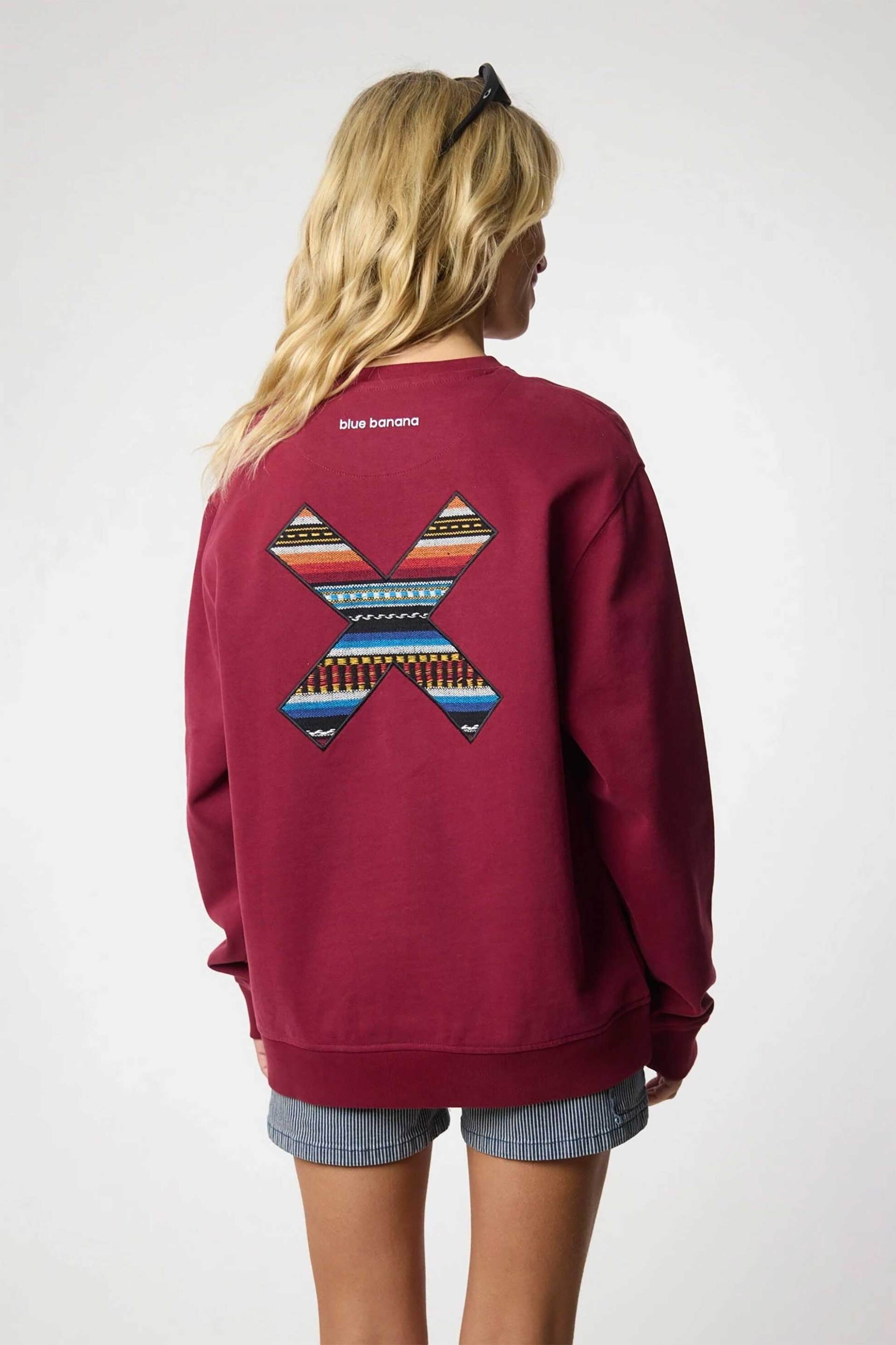 Blue Banana unisex μπλούζα φούτερ με κεντημένο print "X" - 11B00/FW25 Μπορντό φωτογραφία