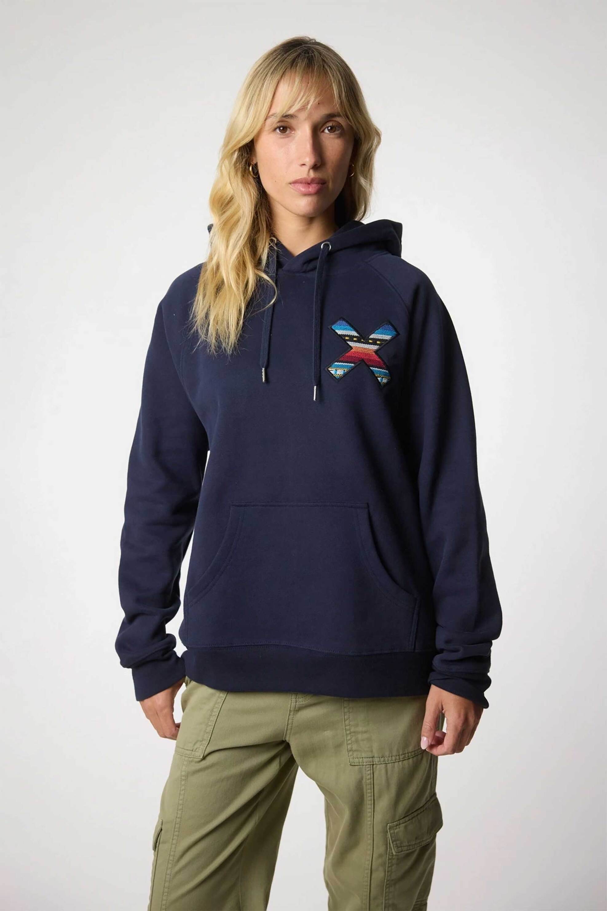 Blue Banana unisex μπλούζα φούτερ με κουκούλα και κεντημένο print "X" - 44A00/FW25 Σκούρο Μπλε φωτογραφία