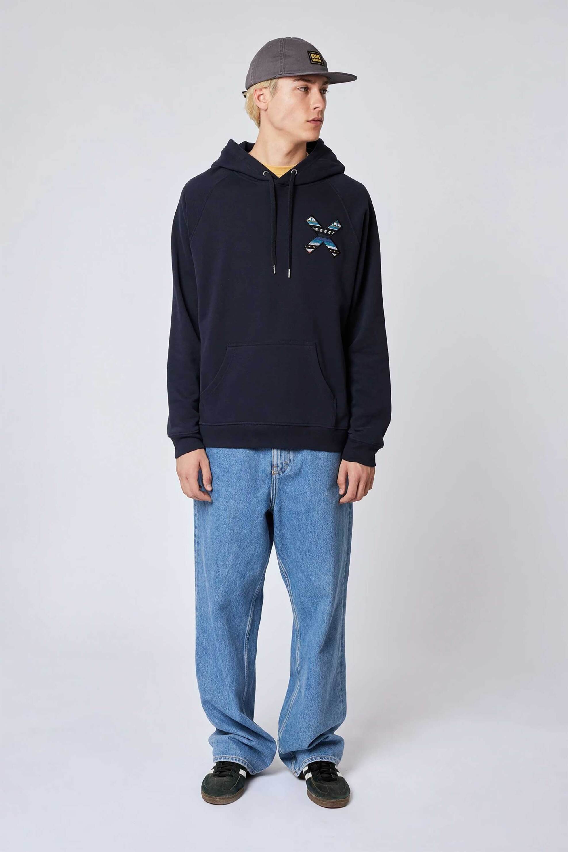 Blue Banana unisex μπλούζα φούτερ με κουκούλα και κεντημένο print "X" - 44A00/FW25 Σκούρο Μπλε φωτογραφία