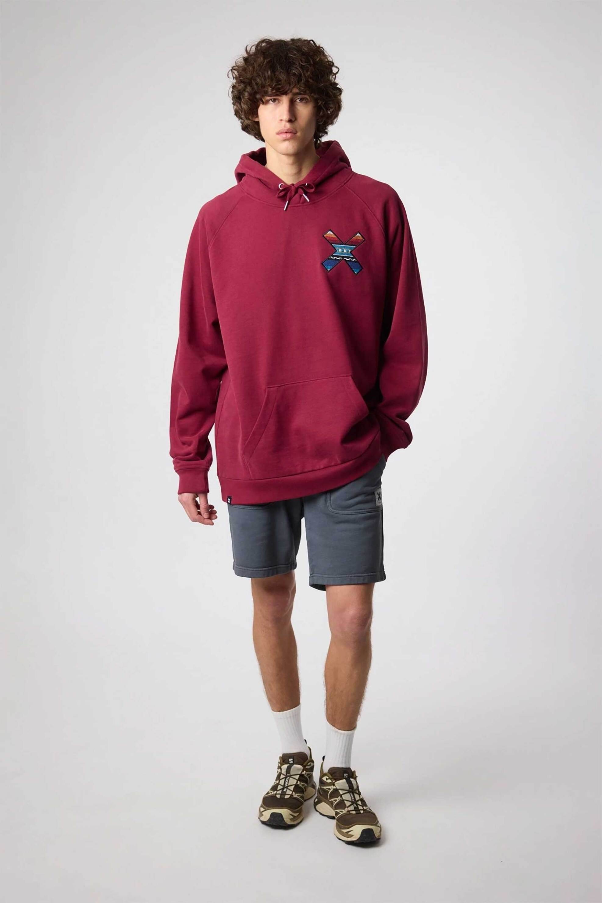 Blue Banana unisex μπλούζα φούτερ με κουκούλα και κεντημένο print "X" - 44B00/FW25 Μπορντό φωτογραφία