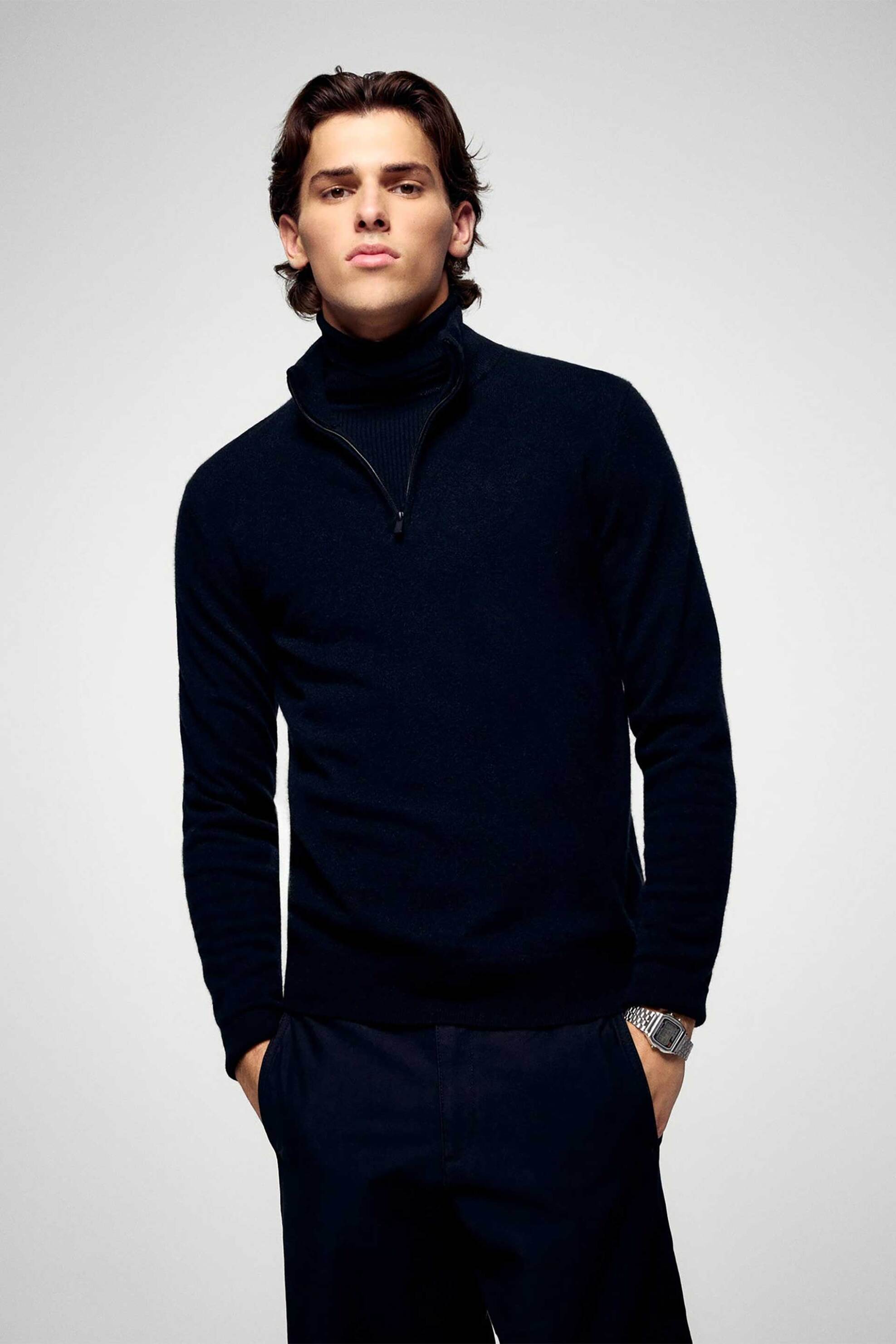 From Future ανδρικό πουλόβερ με ψηλό λαιμό και 1/2 φερμουάρ Regular Fit - PERMMPM00014W Μαύρο