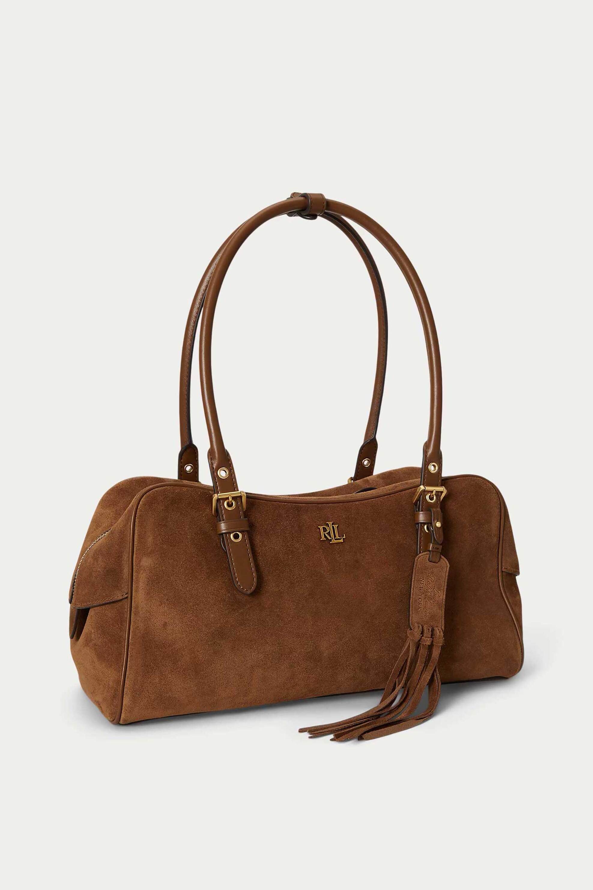 LAUREN RALPH LAUREN Lauren Ralph Lauren γυναικεία suede τσάντα χειρός με μεταλλικό monogram "Marcy Large" - 26168947-ONE Καφέ - 2