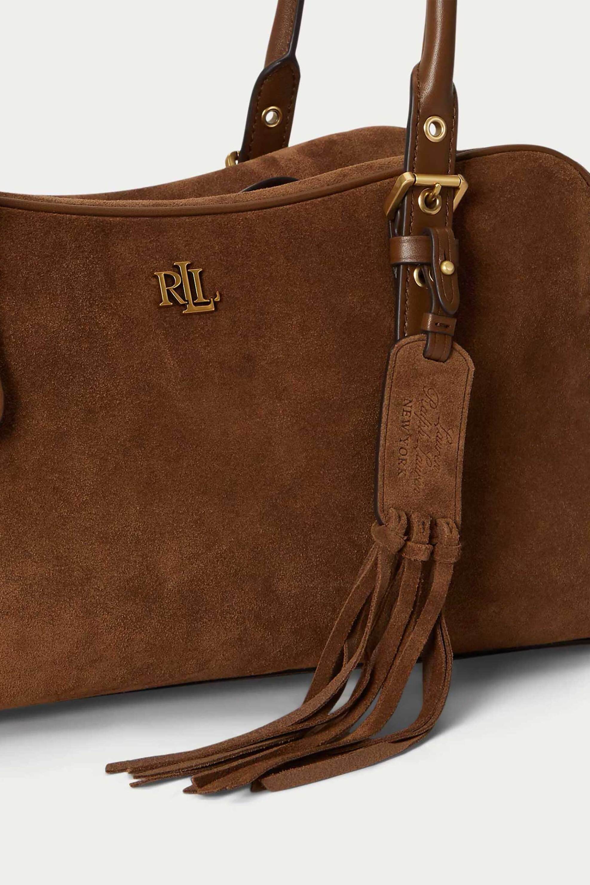 LAUREN RALPH LAUREN Lauren Ralph Lauren γυναικεία suede τσάντα χειρός με μεταλλικό monogram "Marcy Large" - 26168947-ONE Καφέ - 3