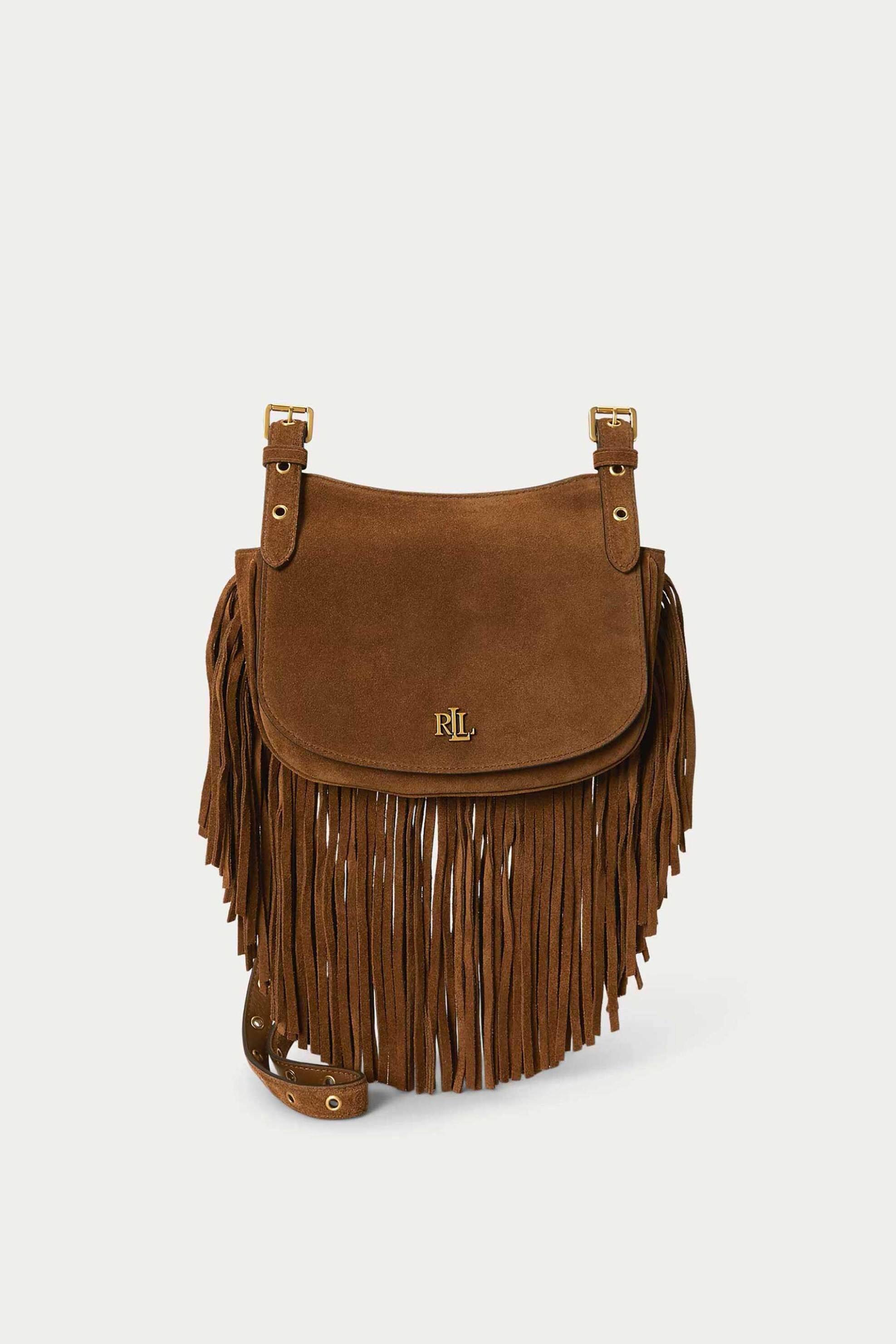 Lauren Ralph Lauren γυναικεία suede τσάντα crossbody με μεταλλικό monogram και κρόσσια 