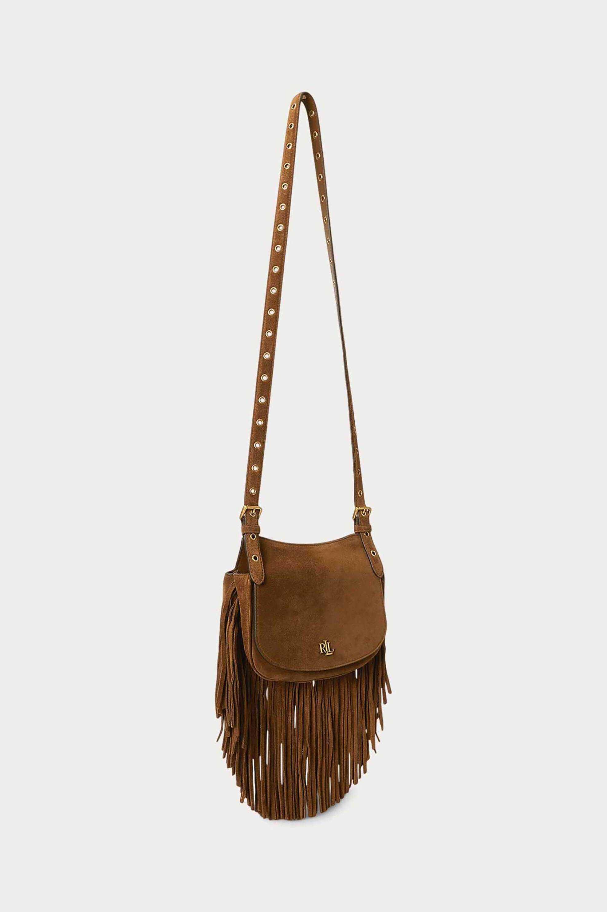 Lauren Ralph Lauren γυναικεία suede τσάντα crossbody με μεταλλικό monogram και κρόσσια 