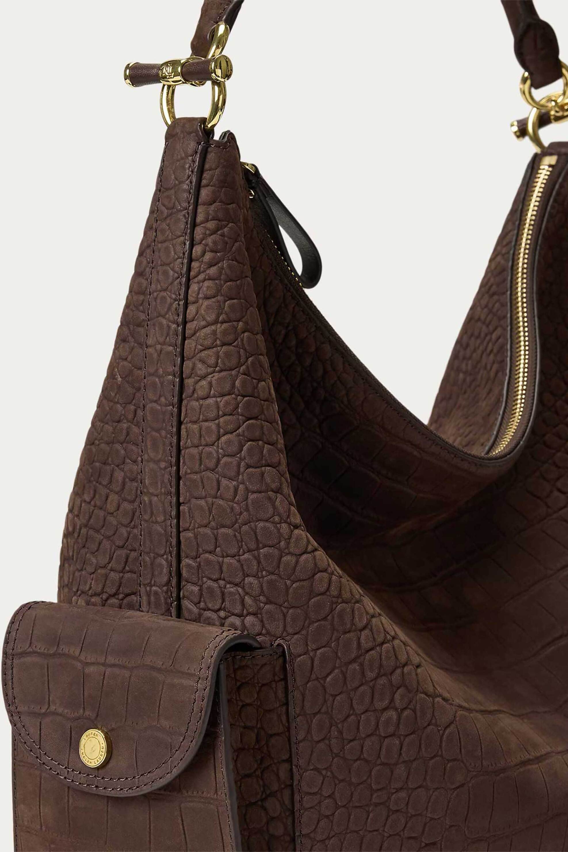LAUREN RALPH LAUREN Lauren Ralph Lauren γυναικεία δερμάτινη τσάντα ώμου με croc effect "Blaike Large" - 26264188-ONE Καφέ - 3
