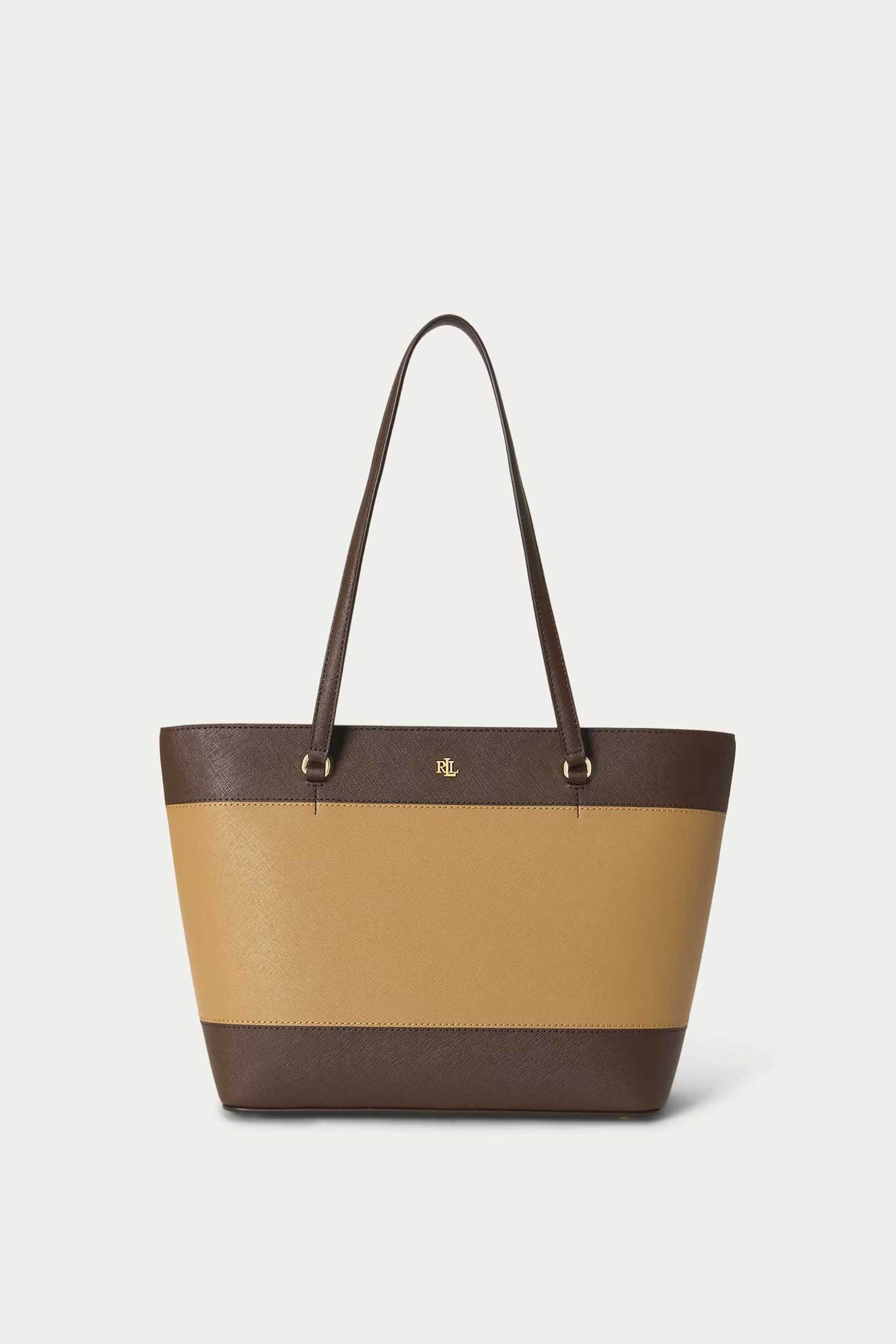 Lauren Ralph Lauren γυναικεία δερμάτινη τσάντα tote με μεταλλικό monogram "Karly Medium" - 26264440-ONE Καμηλό