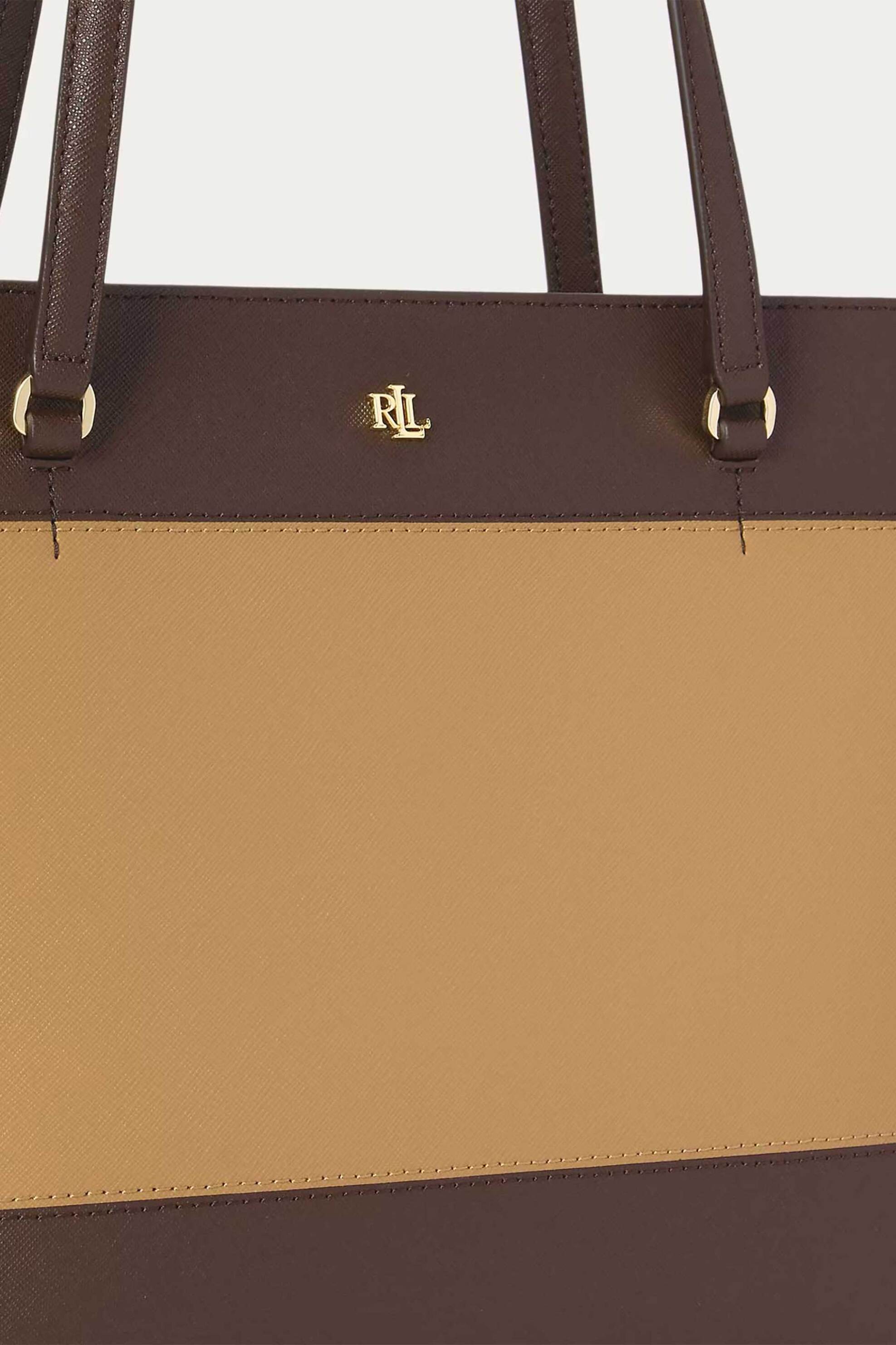 LAUREN RALPH LAUREN Lauren Ralph Lauren γυναικεία δερμάτινη τσάντα tote με μεταλλικό monogram "Karly Medium" - 26264440-ONE Καμηλό - 3