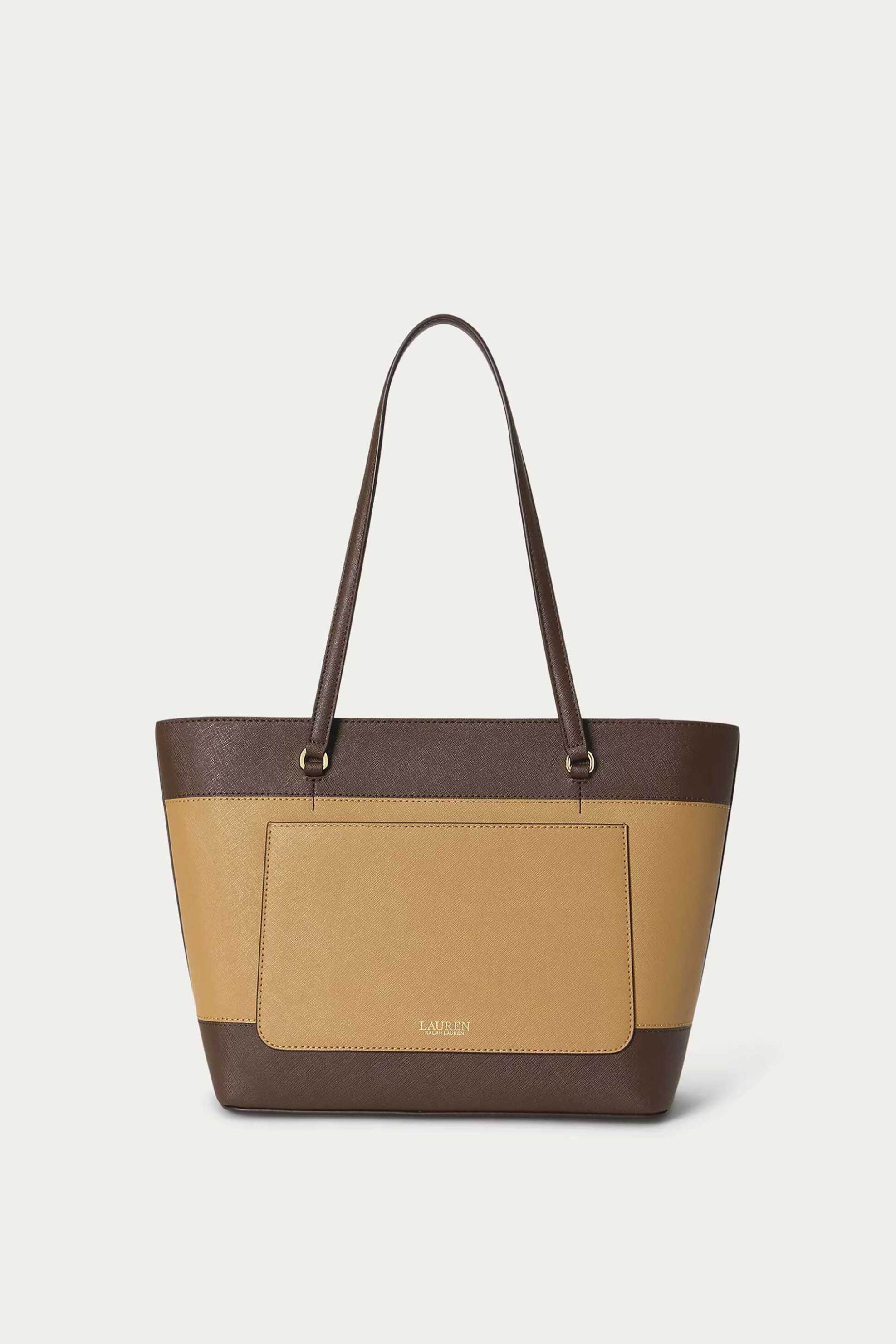LAUREN RALPH LAUREN Lauren Ralph Lauren γυναικεία δερμάτινη τσάντα tote με μεταλλικό monogram "Karly Medium" - 26264440-ONE Καμηλό - 4