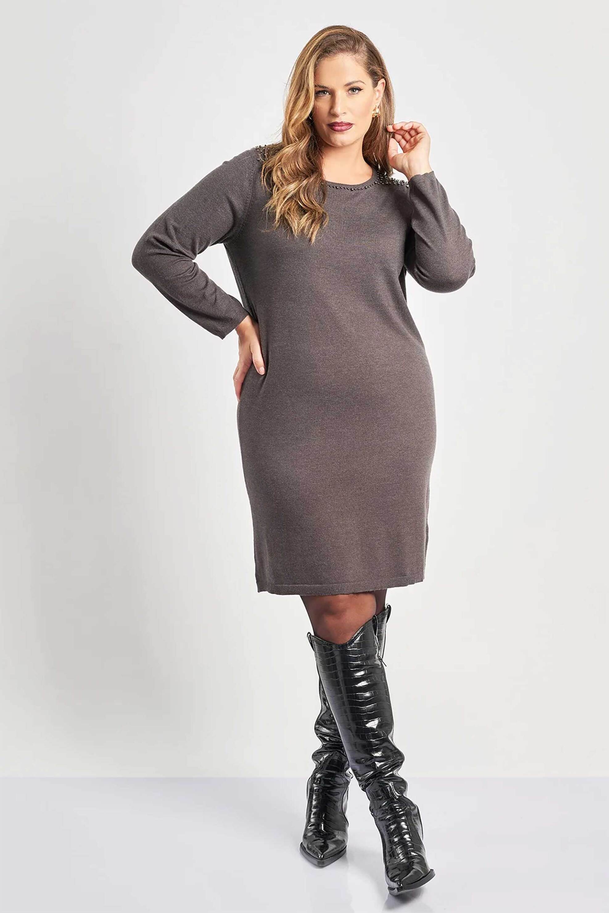 Parabita γυναικείο mini φόρεμα πλεκτό με πέρλες στους ώμους - 012520608929 Ανθρακί