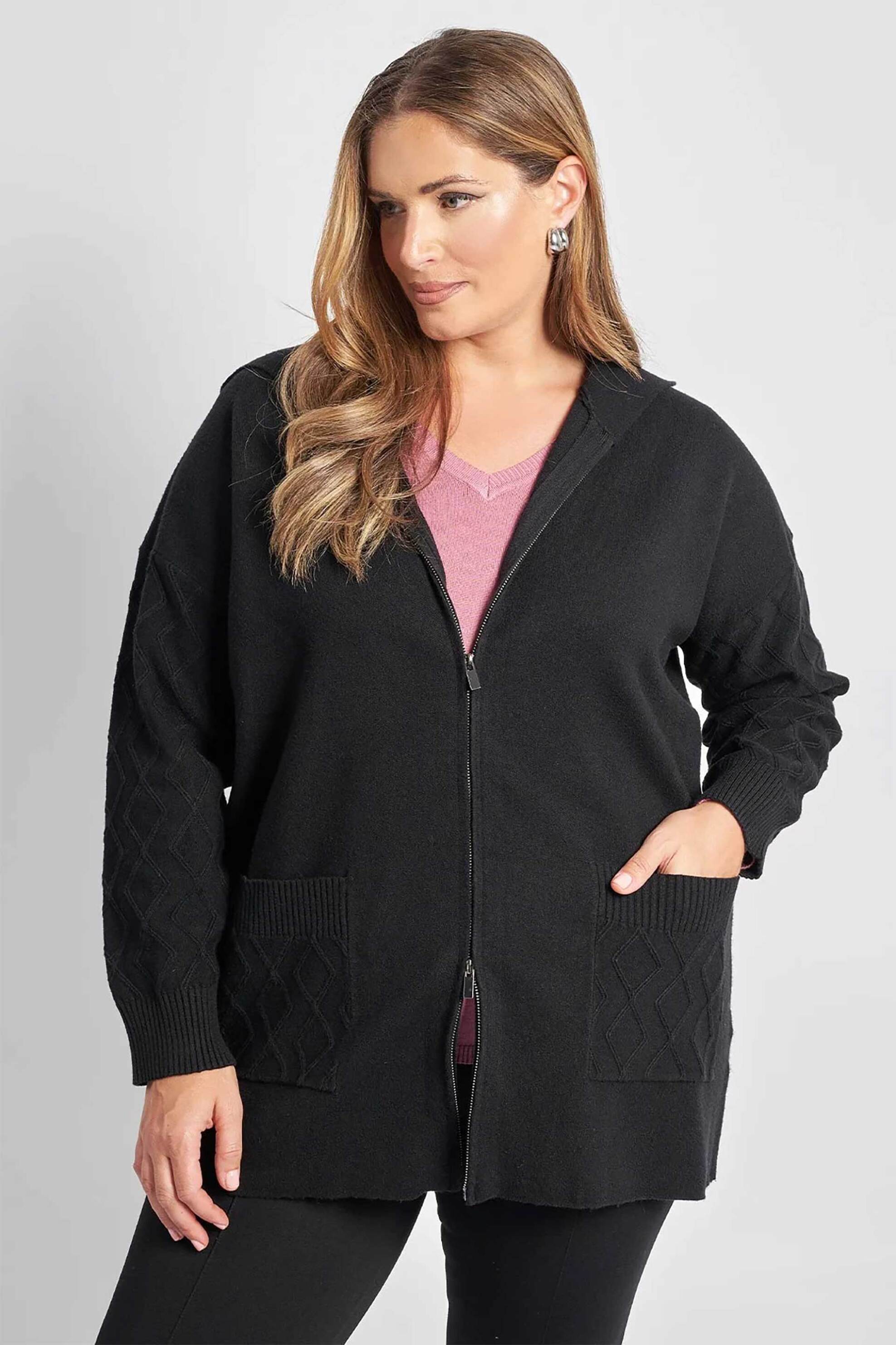 Parabita γυναικεία πλεκτή ζακέτα με κουκούλα και φερμουάρ - 012520707927 Μαύρο