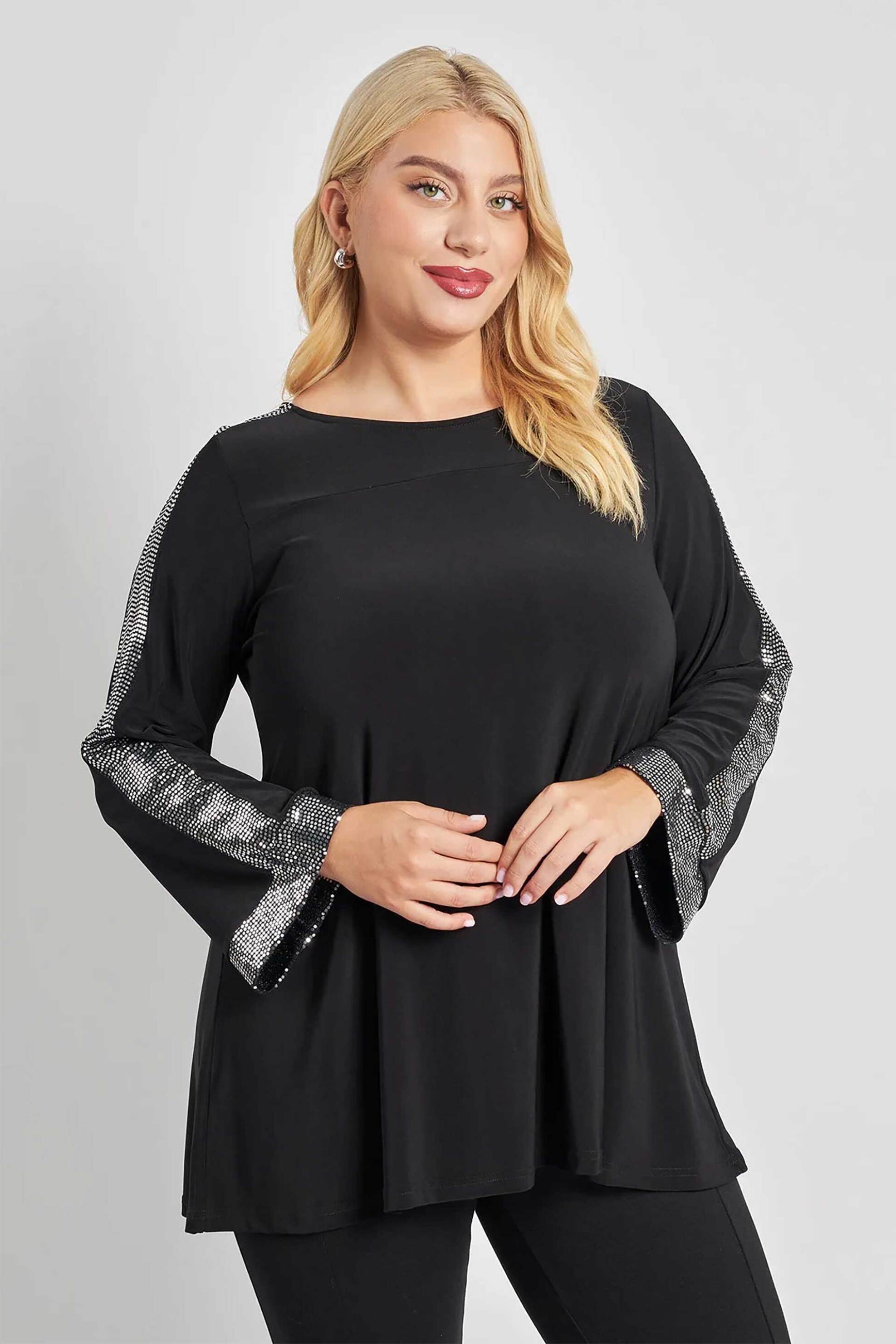 Parabita γυναικεία μπλούζα με φαρδύ μανίκι και παγιέτες - 012520100034 Μαύρο