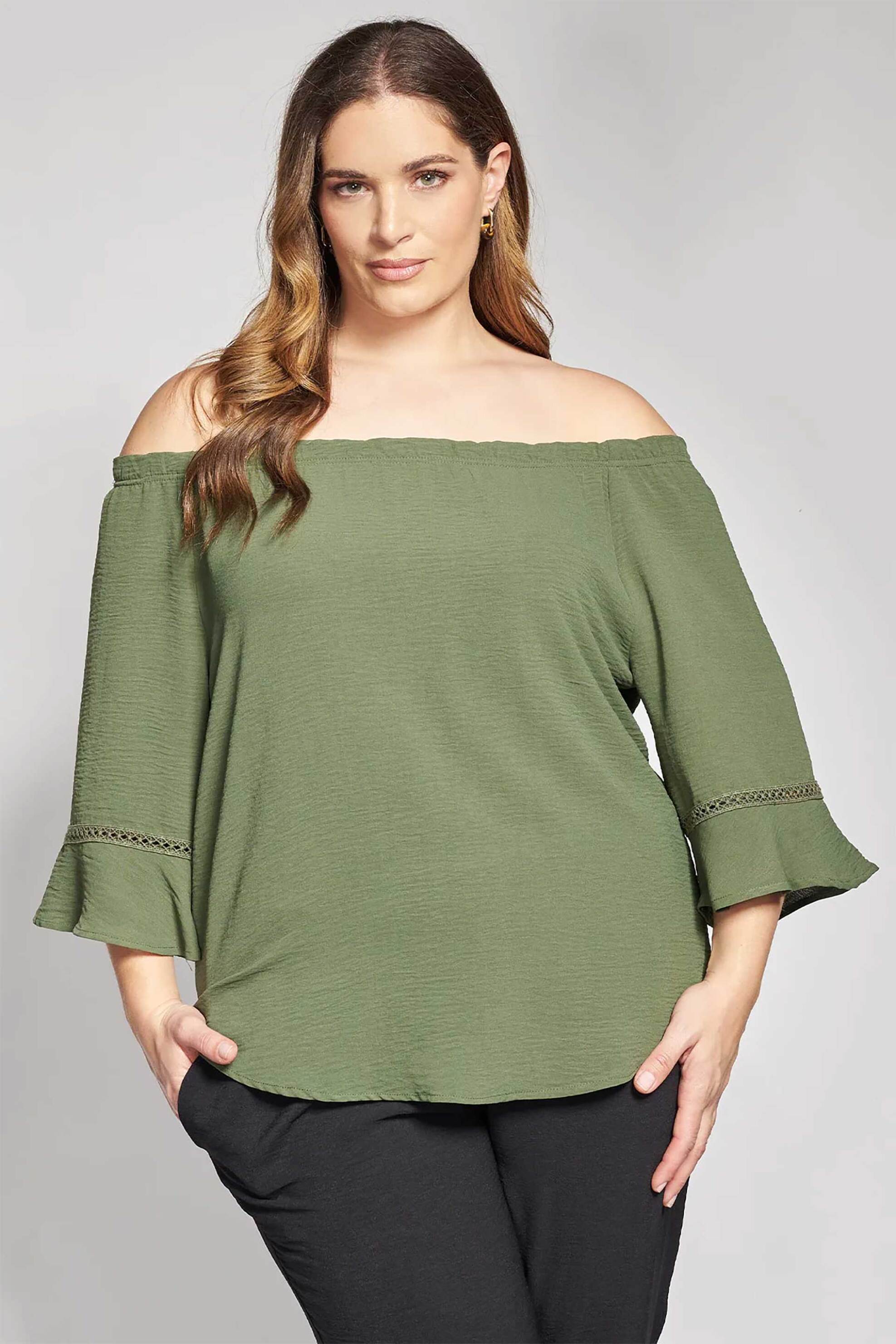 Guess γυναικεία μπλούζα off-shoulder με λεπτομέρειες δαντέλας - 012610100271 Χακί