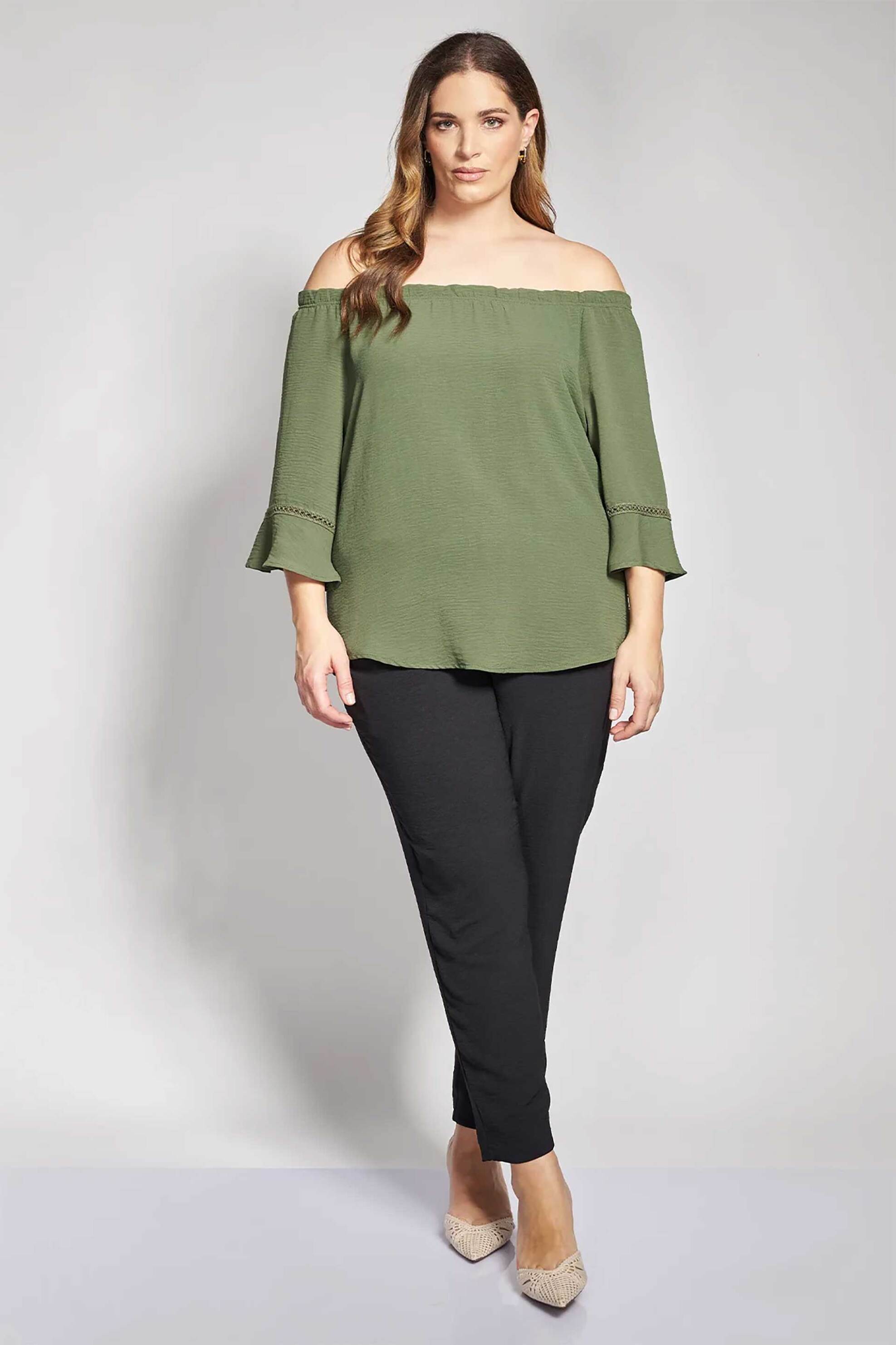 Guess γυναικεία μπλούζα off-shoulder με λεπτομέρειες δαντέλας - 012610100271 Χακί