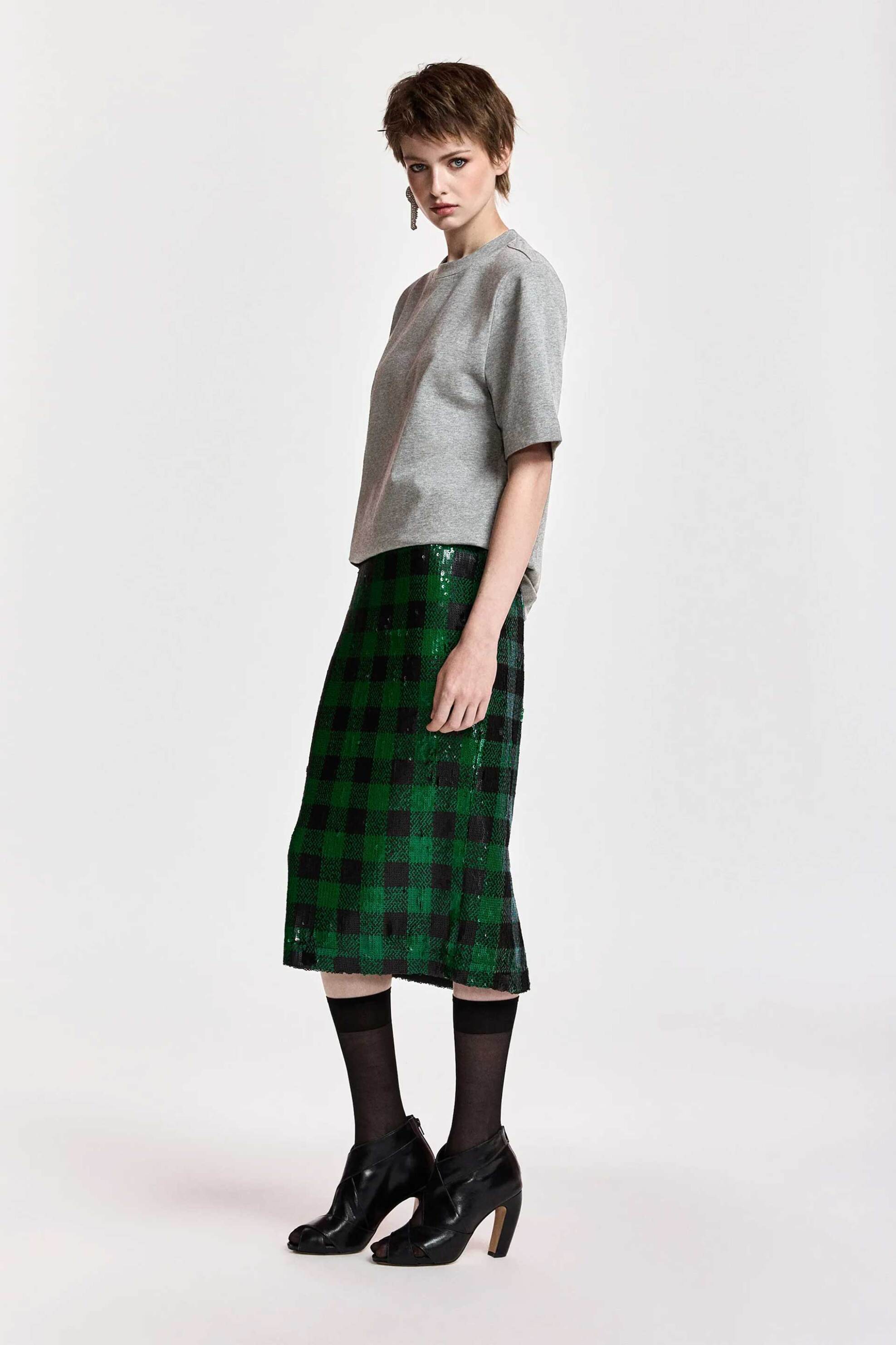 ESSENTIEL ANTWERP Essentiel Antwerp γυναικεία midi φούστα καρό με παγιέτα "Knitwear" - KNITWEAR Πράσινο - 3