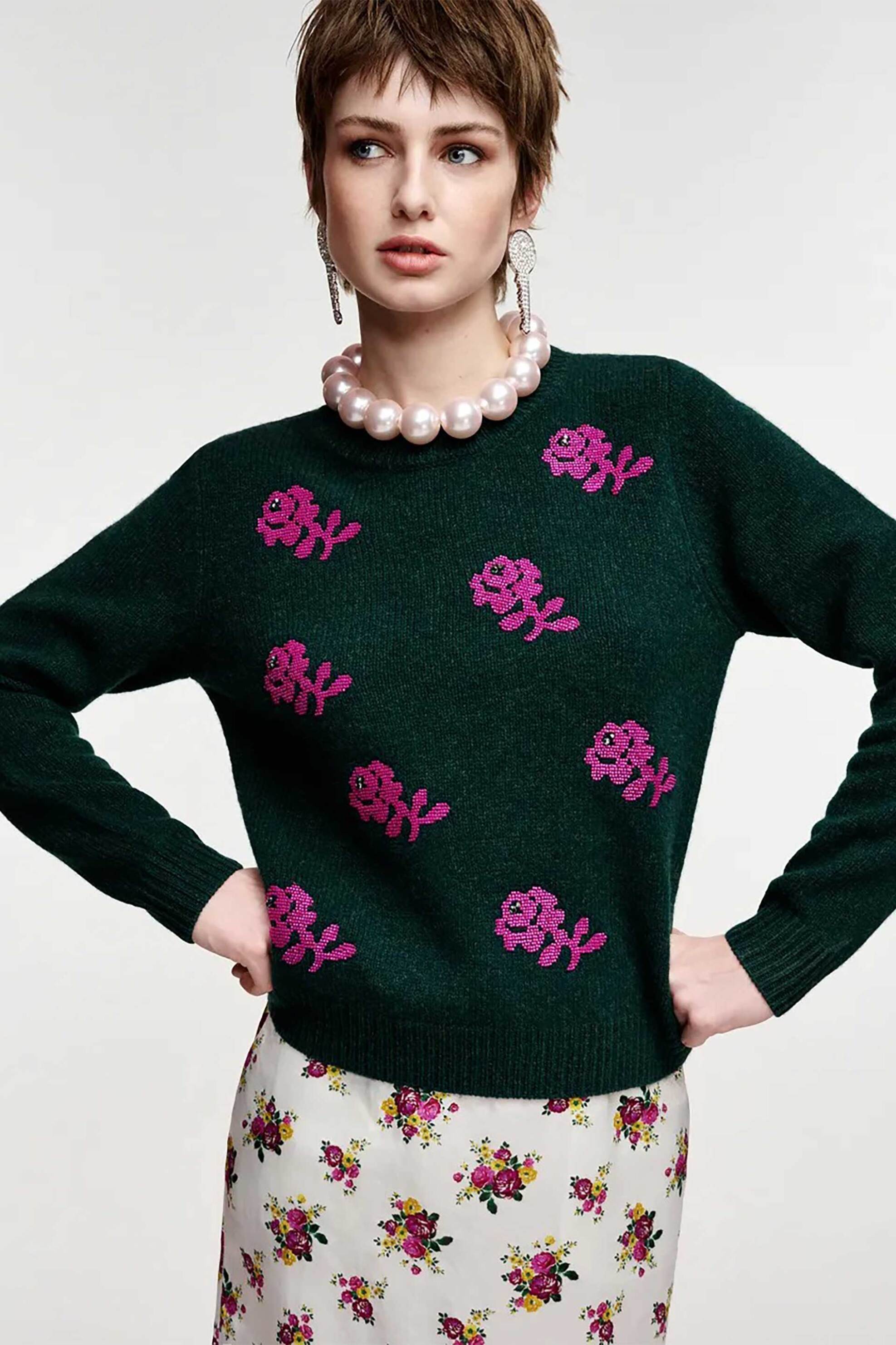 ESSENTIEL ANTWERP Essentiel Antwerp γυναικεία πλεκτή μπλούζα με floral jacquard σχέδιο "Korine" - KORINE Κυπαρισσί