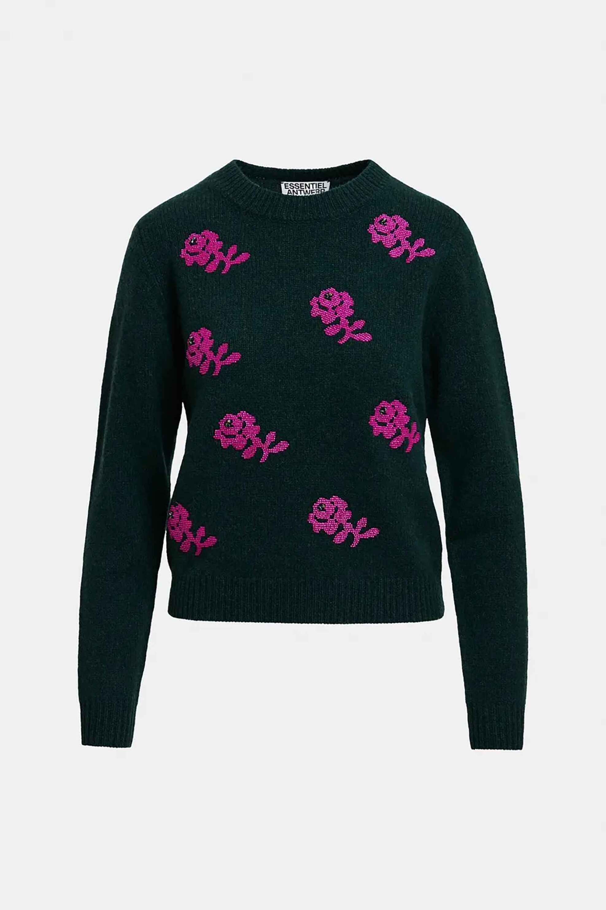 ESSENTIEL ANTWERP Essentiel Antwerp γυναικεία πλεκτή μπλούζα με floral jacquard σχέδιο "Korine" - KORINE Κυπαρισσί - 4