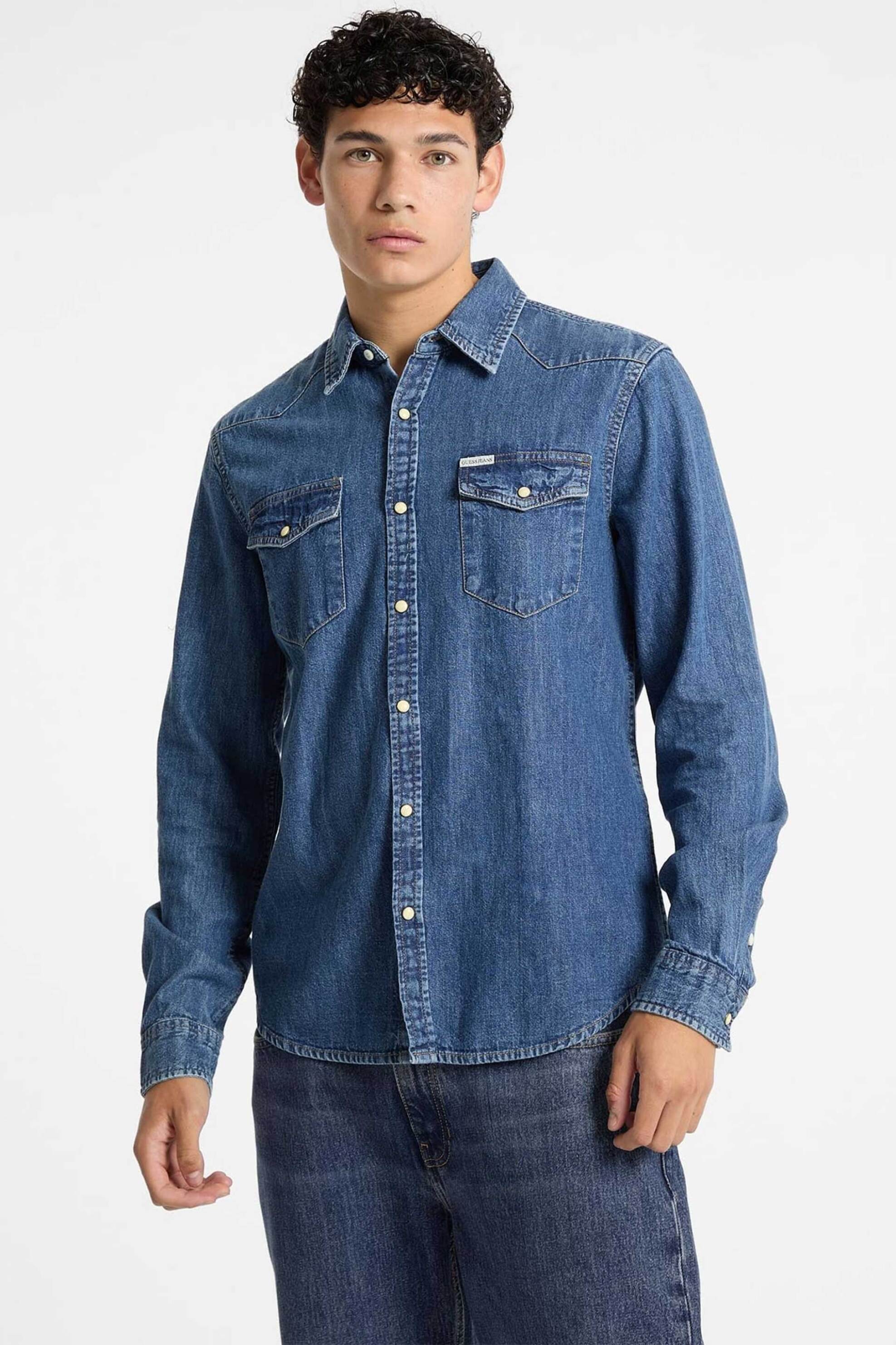 Guess ανδρικό denim πουκάμισο με λογότυπο Slim Fit - M4YH55D5EI1 Denim Blue