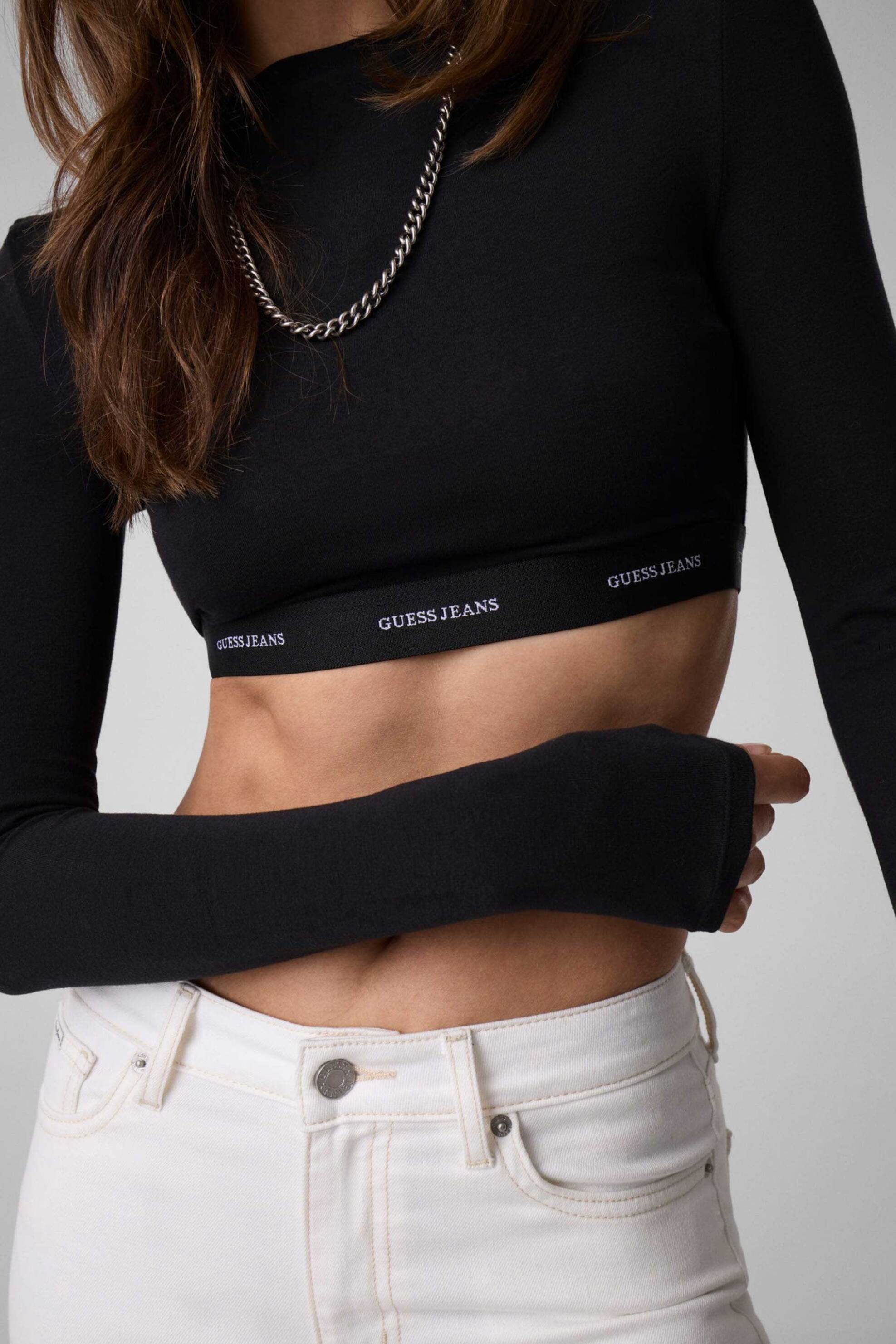 Guess γυναικείο cropped τοπ με logo band Slim Fit - W5BZ09KBBU1 Μαύρο